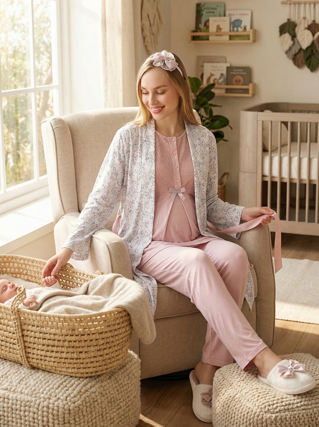 Yeni Sezon Pudra Yazlık Desen Detaylı Hamile Lohusa Sabahlıklı Pijama Takımı Seti - 3473