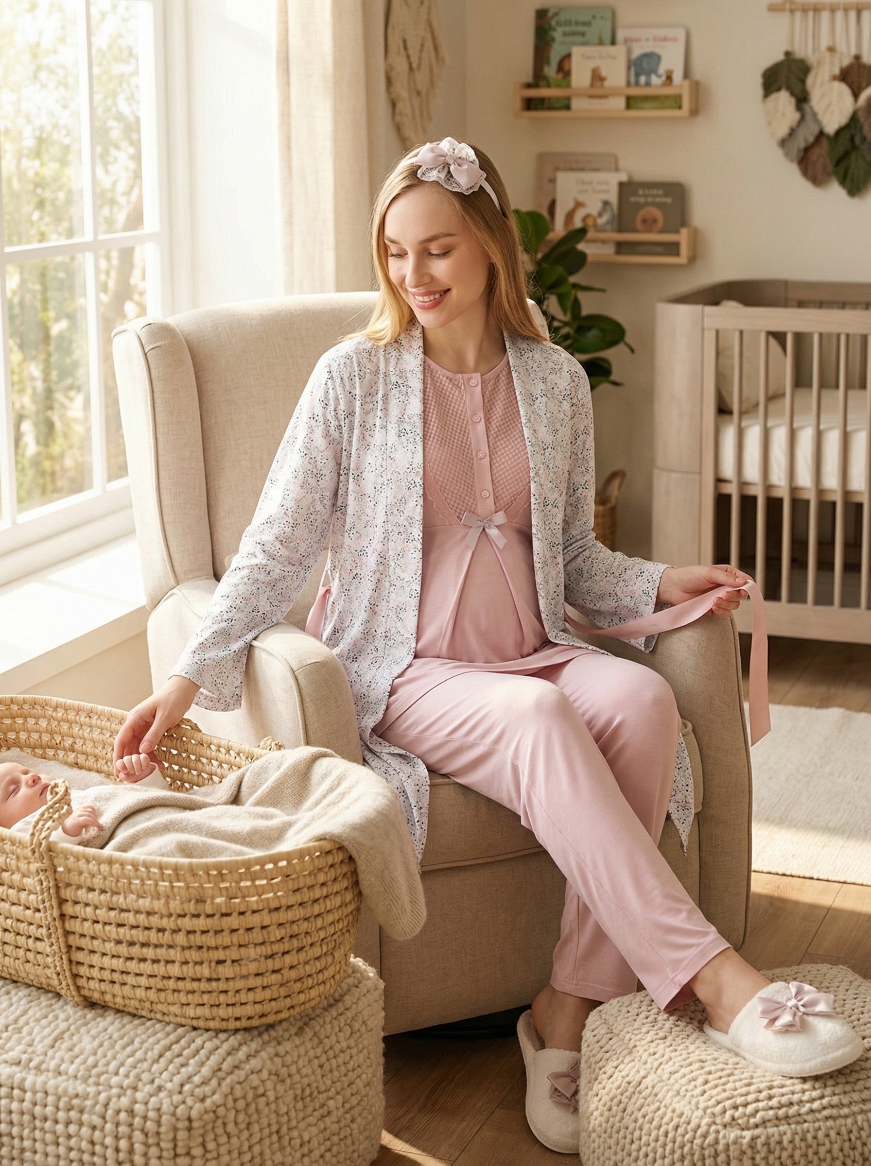 Yeni Sezon Pudra Yazlık Desen Detaylı Hamile Lohusa Sabahlıklı Pijama Takımı Seti - 3473