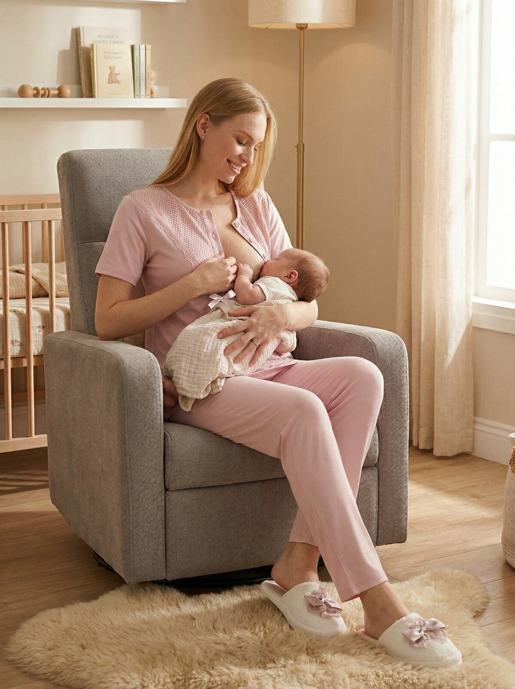 Yeni Sezon Pudra Yazlık Desen Detaylı Hamile Lohusa Sabahlıklı Pijama Takımı Seti - 3473