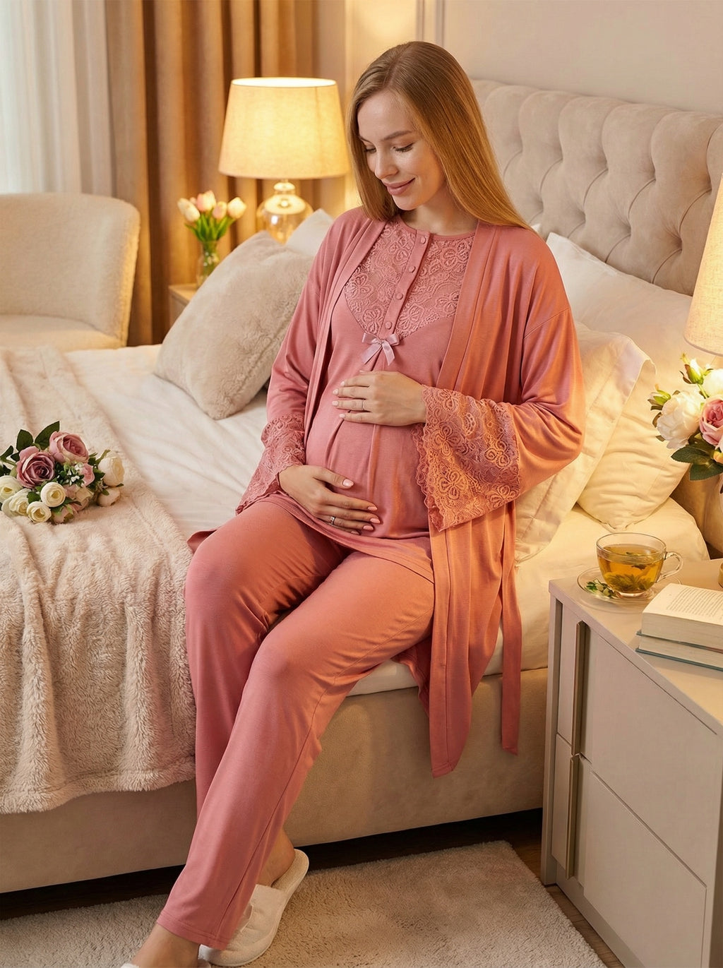 Yeni Sezon Narçiçeği Yazlık Dantelli Özel Tasarım Hamile Lohusa Sabahlıklı Pijama Takımı Seti - 3474