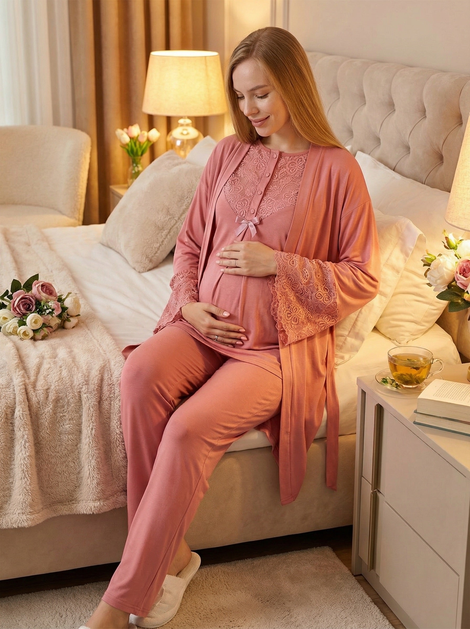 Yeni Sezon Narçiçeği Yazlık Dantelli Özel Tasarım Hamile Lohusa Sabahlıklı Pijama Takımı Seti - 3474