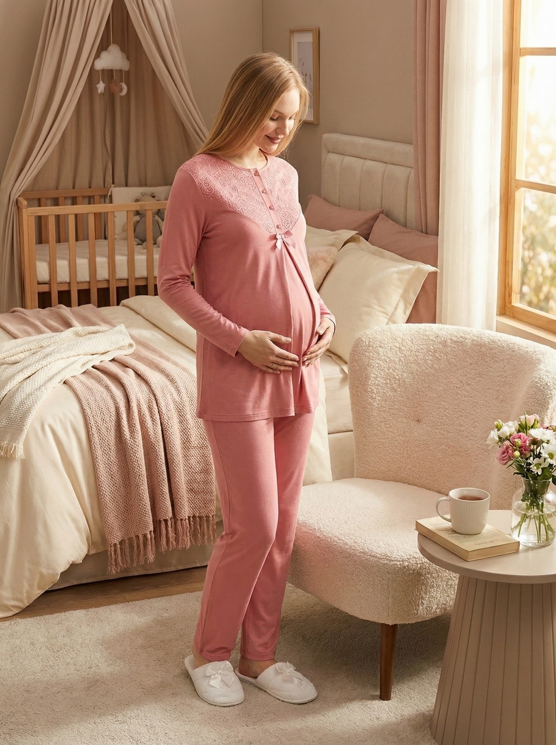 Yeni Sezon Narçiçeği Yazlık Dantelli Özel Tasarım Hamile Lohusa Sabahlıklı Pijama Takımı Seti - 3474