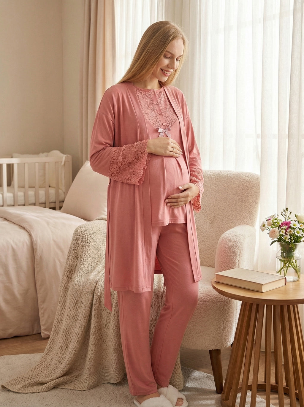 Yeni Sezon Narçiçeği Yazlık Dantelli Özel Tasarım Hamile Lohusa Sabahlıklı Pijama Takımı Seti - 3474