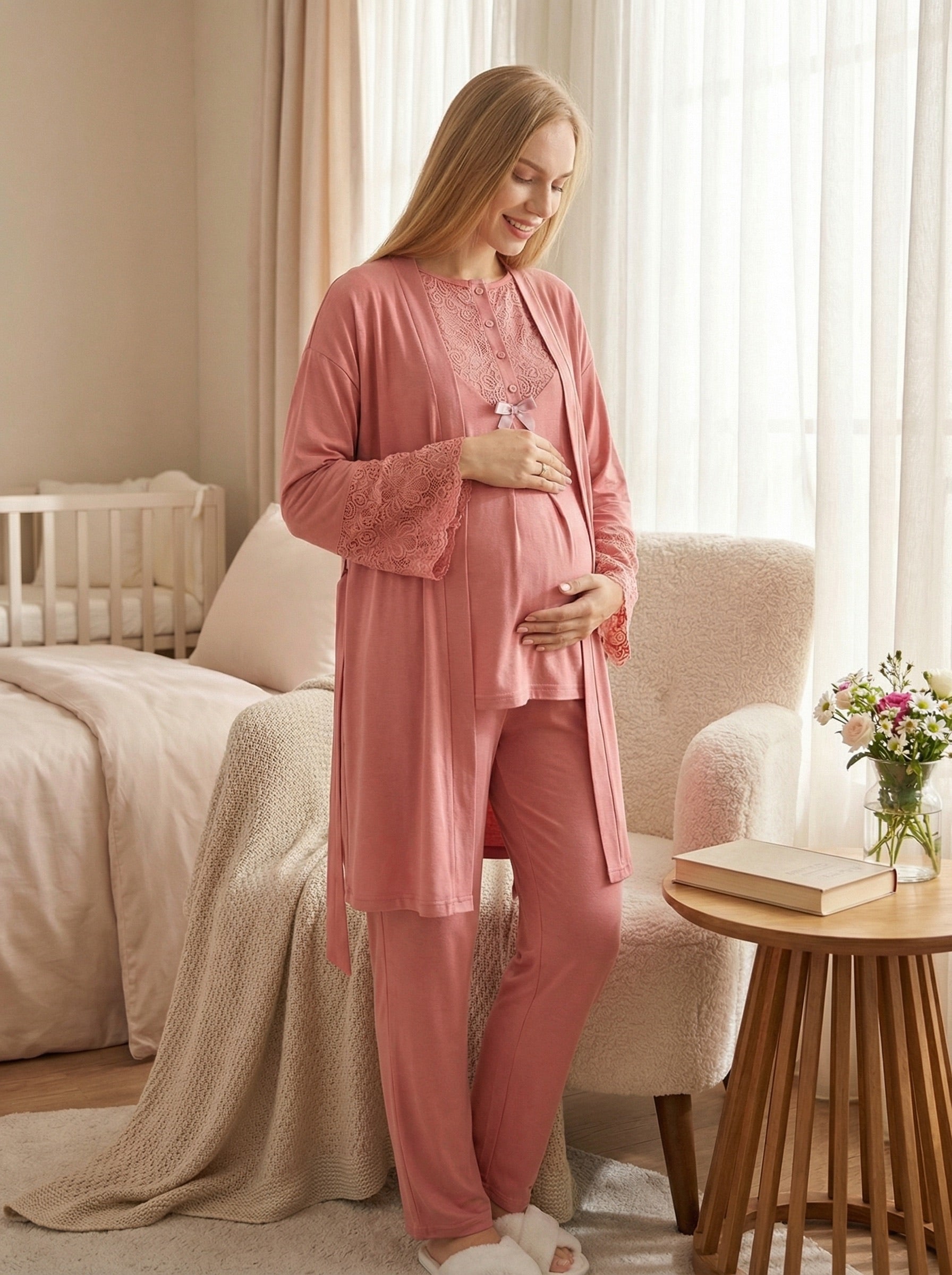 Yeni Sezon Narçiçeği Yazlık Dantelli Özel Tasarım Hamile Lohusa Sabahlıklı Pijama Takımı Seti - 3474