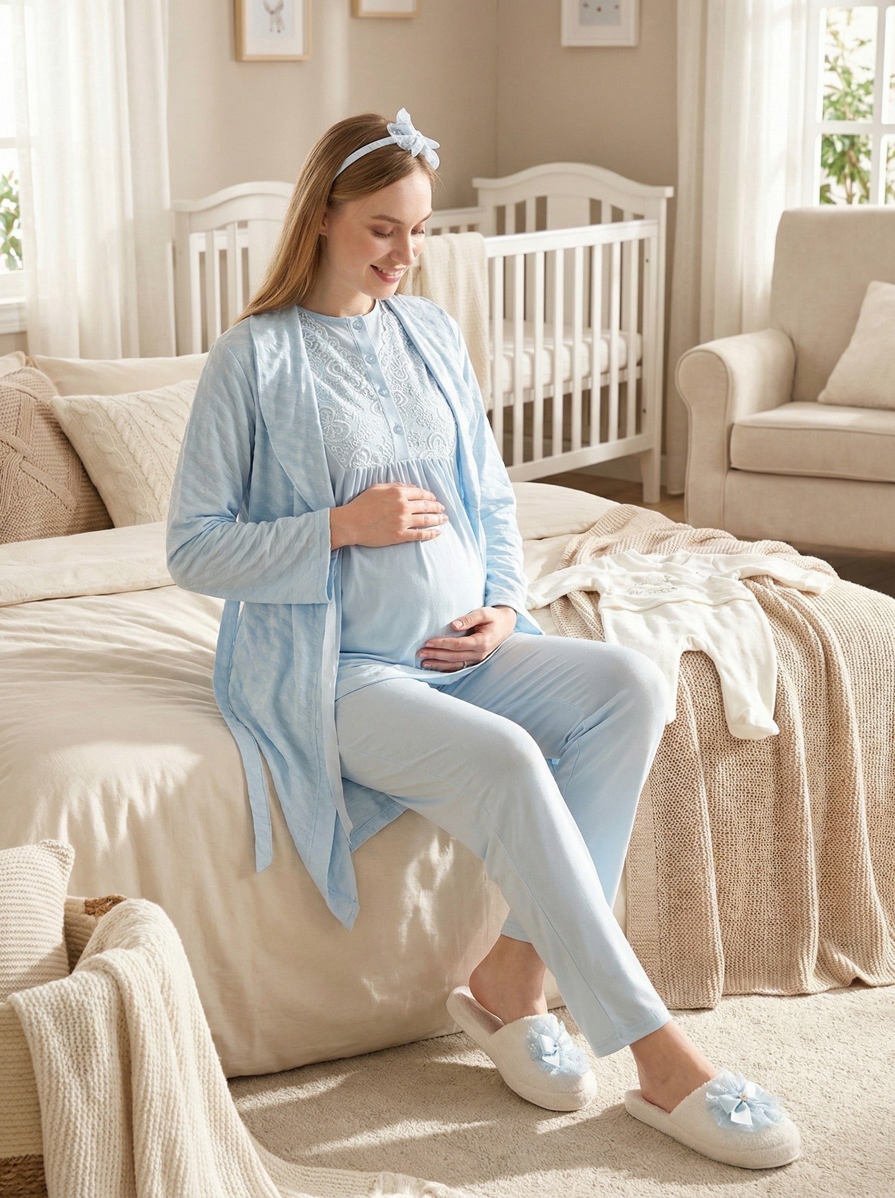 Yeni Sezon Mavi Yazlık Jakarlı Hamile Lohusa Sabahlıklı Pijama Takımı Seti - 3475
