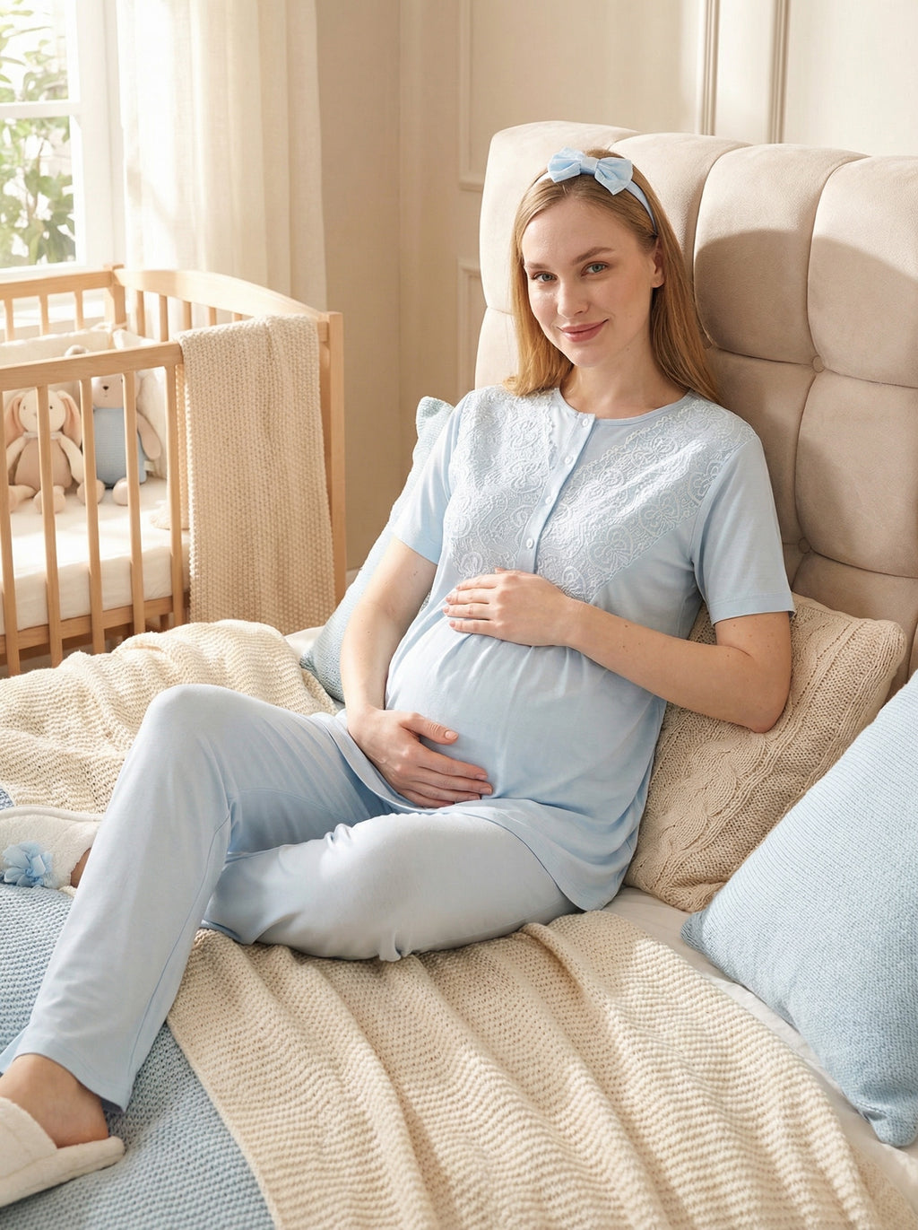 Yeni Sezon Mavi Yazlık Jakarlı Hamile Lohusa Sabahlıklı Pijama Takımı Seti - 3475