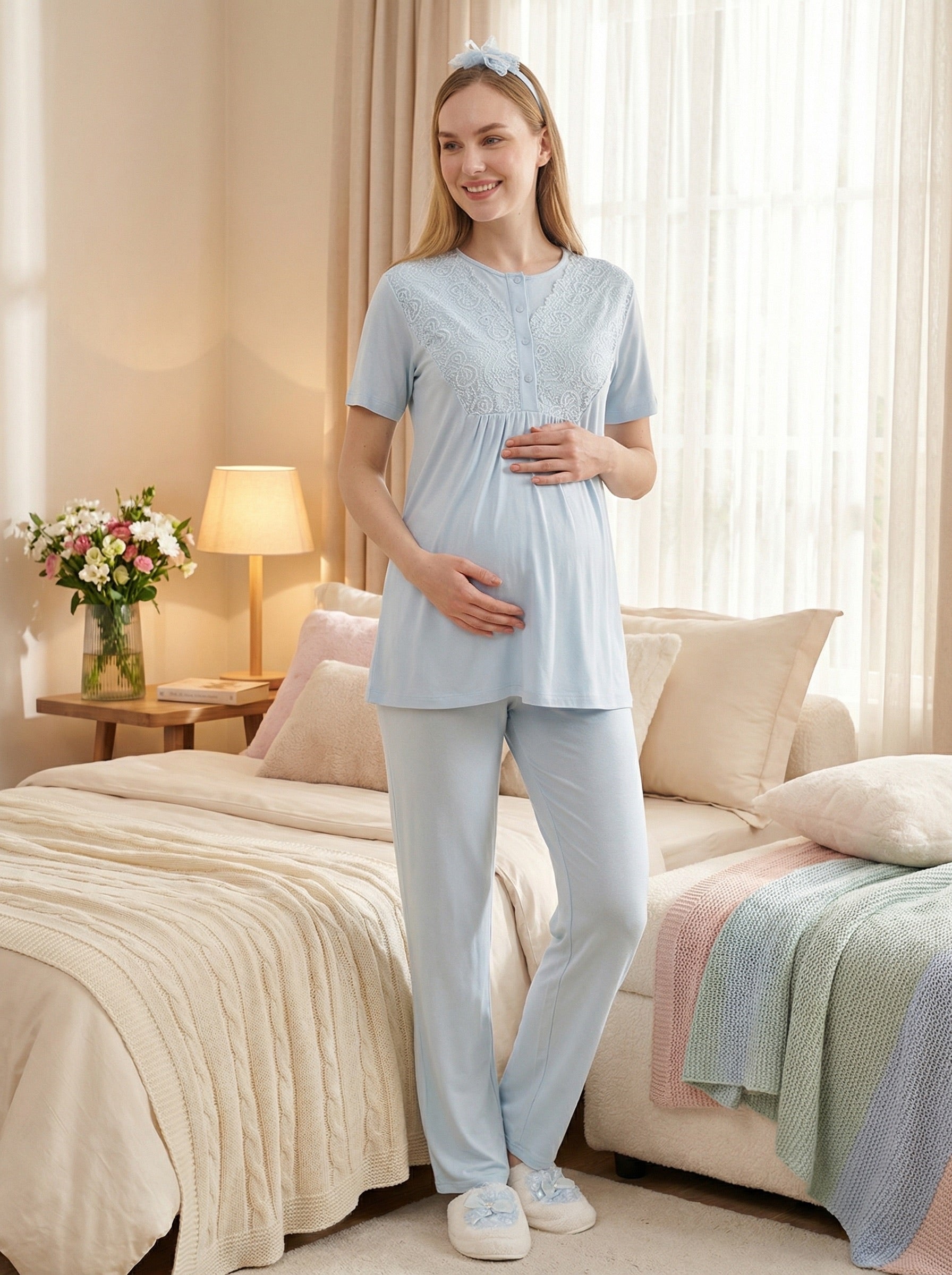 Yeni Sezon Mavi Yazlık Jakarlı Hamile Lohusa Sabahlıklı Pijama Takımı Seti - 3475