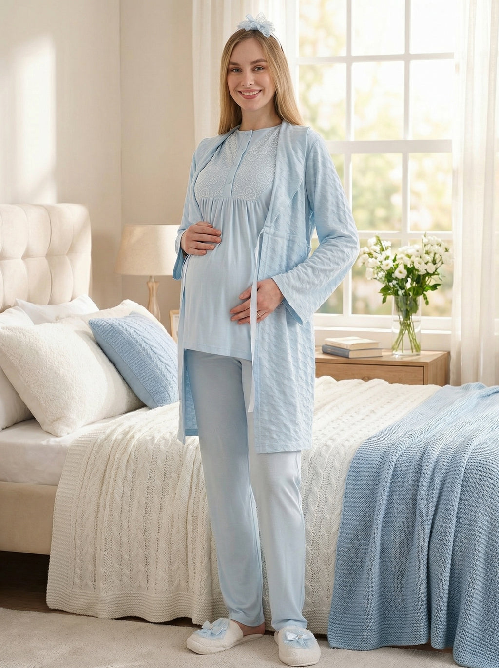 Yeni Sezon Mavi Yazlık Jakarlı Hamile Lohusa Sabahlıklı Pijama Takımı Seti - 3475