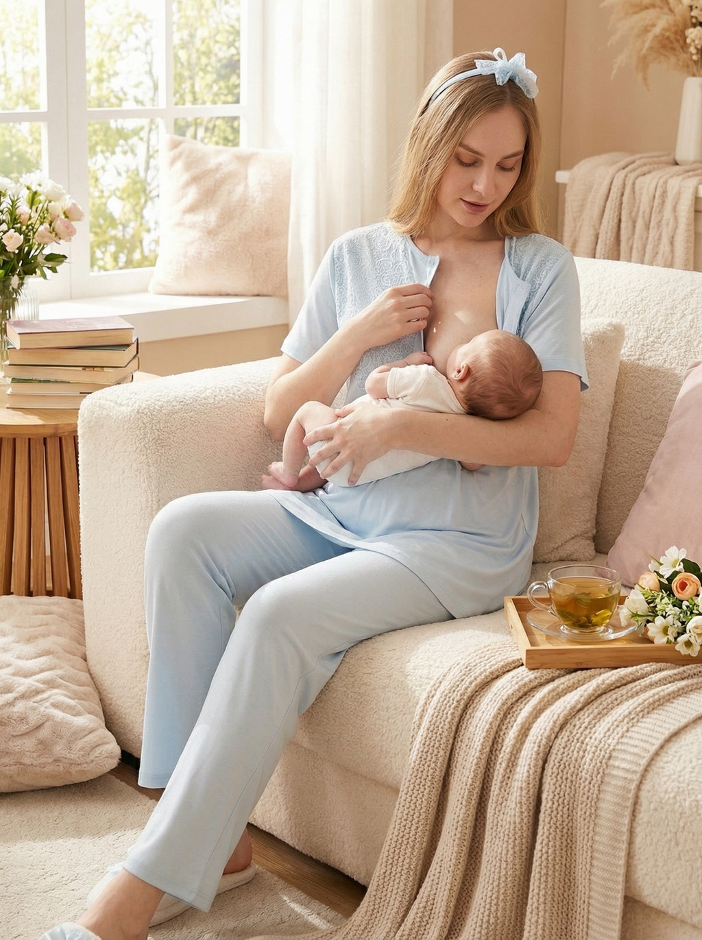 Yeni Sezon Mavi Yazlık Jakarlı Hamile Lohusa Sabahlıklı Pijama Takımı Seti - 3475