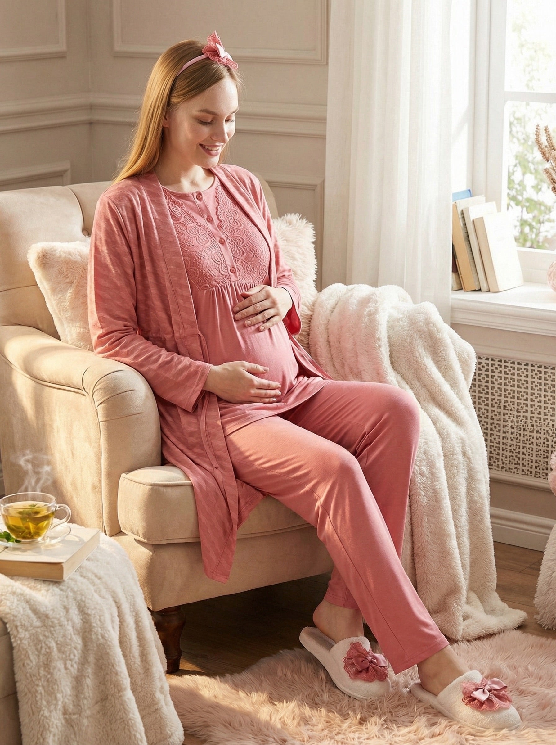 Yeni Sezon Narçiçeği Yazlık Jakarlı Hamile Lohusa Sabahlıklı Pijama Takımı Seti - 3475