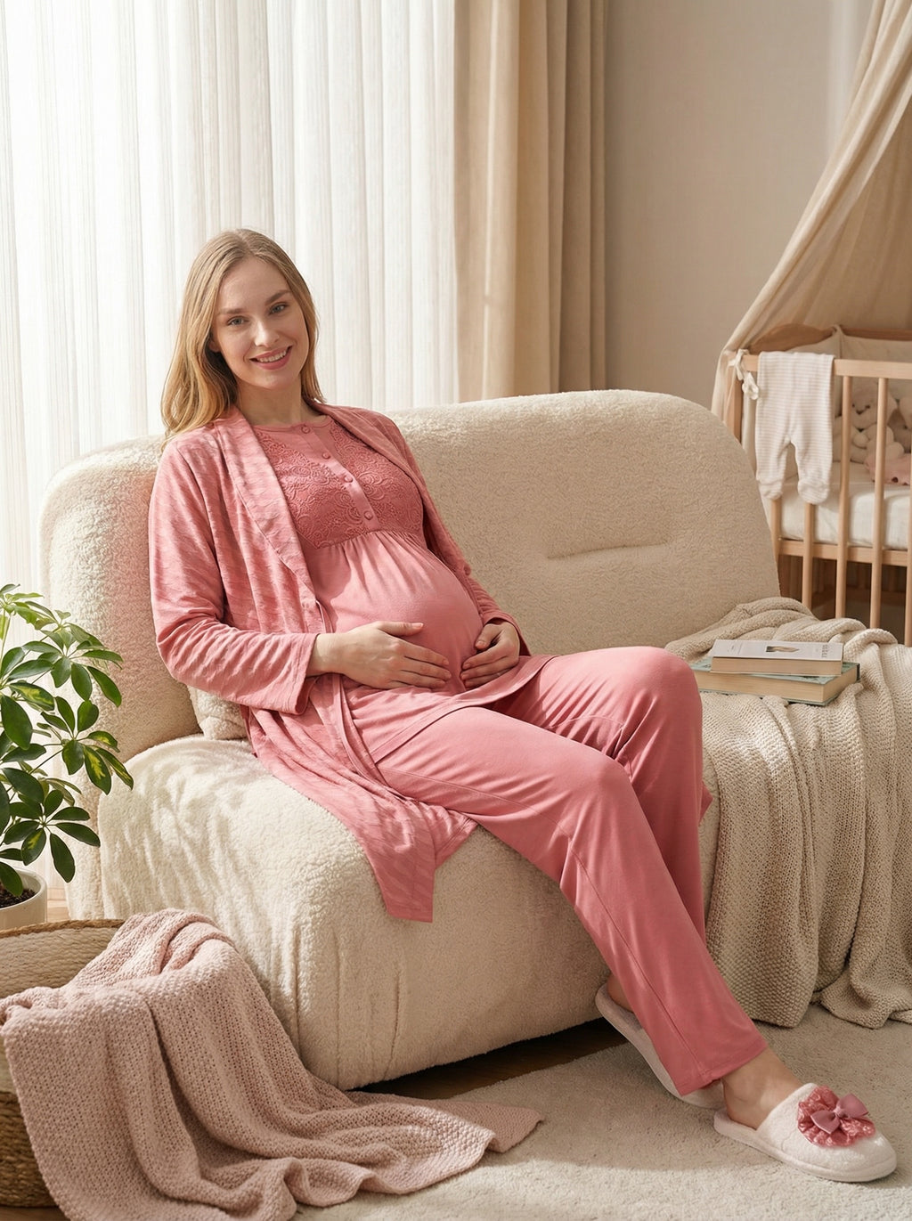 Yeni Sezon Narçiçeği Yazlık Jakarlı Hamile Lohusa Sabahlıklı Pijama Takımı Seti - 3475