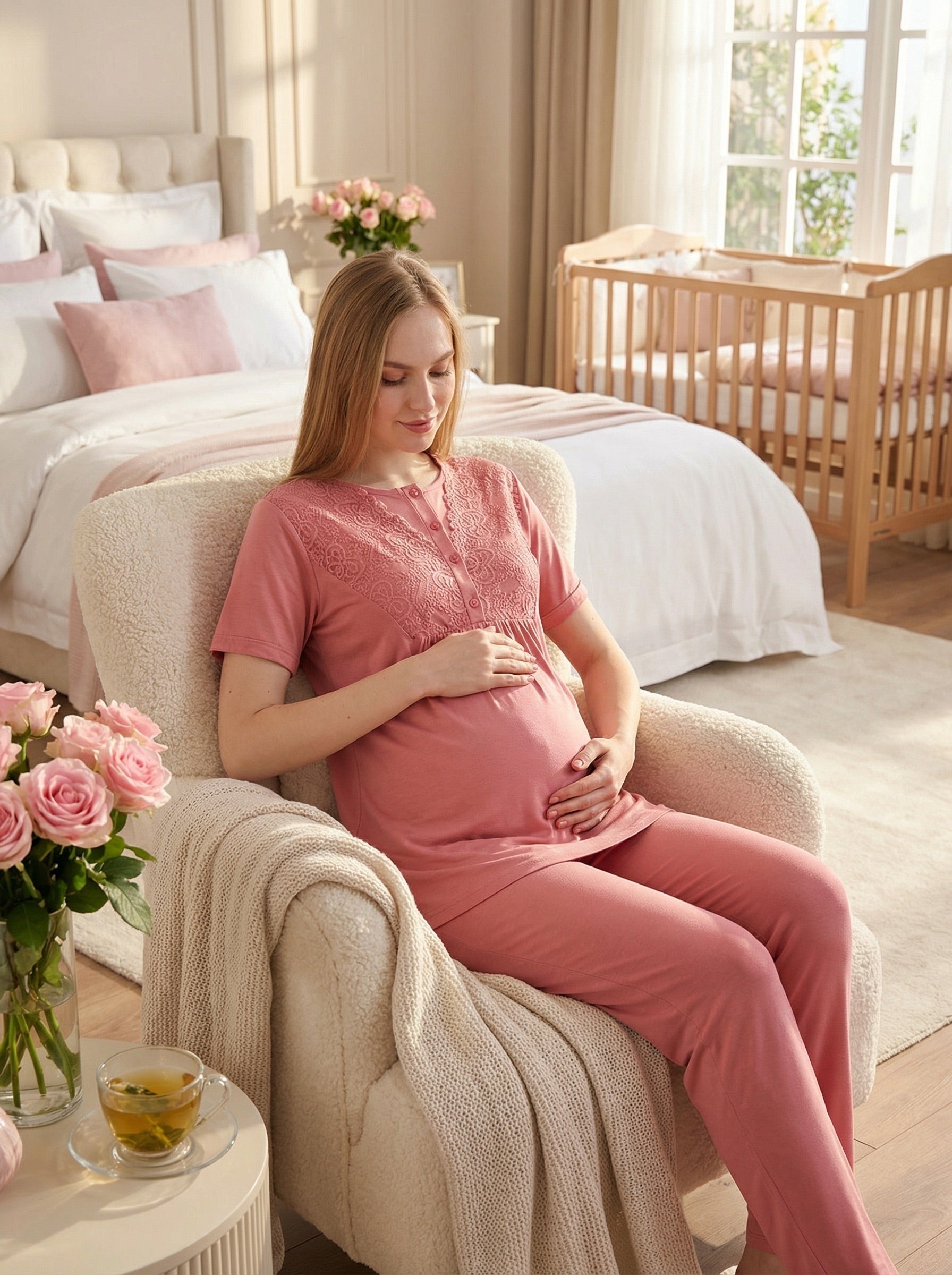 Yeni Sezon Narçiçeği Yazlık Jakarlı Hamile Lohusa Sabahlıklı Pijama Takımı Seti - 3475