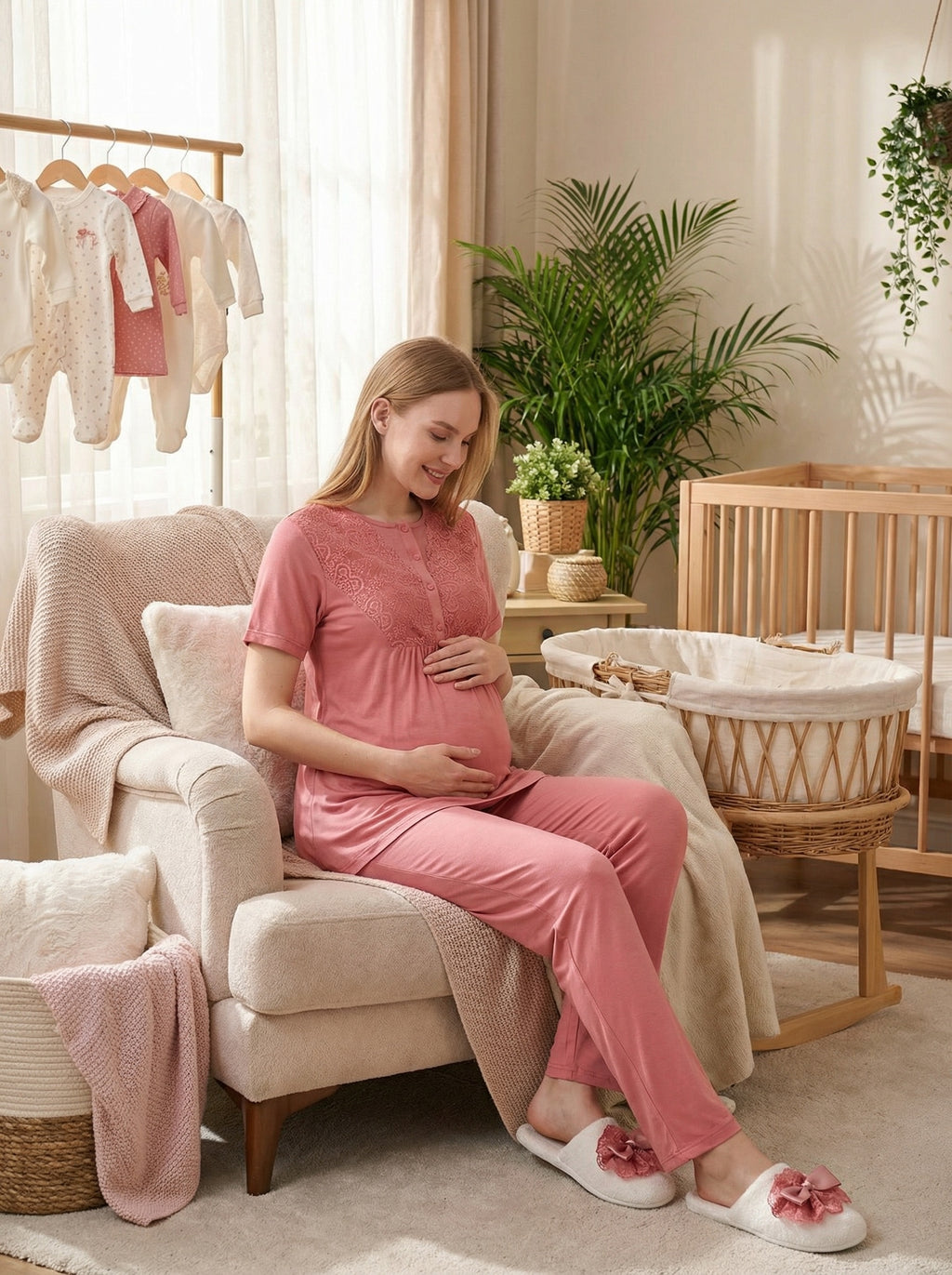 Yeni Sezon Narçiçeği Yazlık Jakarlı Hamile Lohusa Sabahlıklı Pijama Takımı Seti - 3475