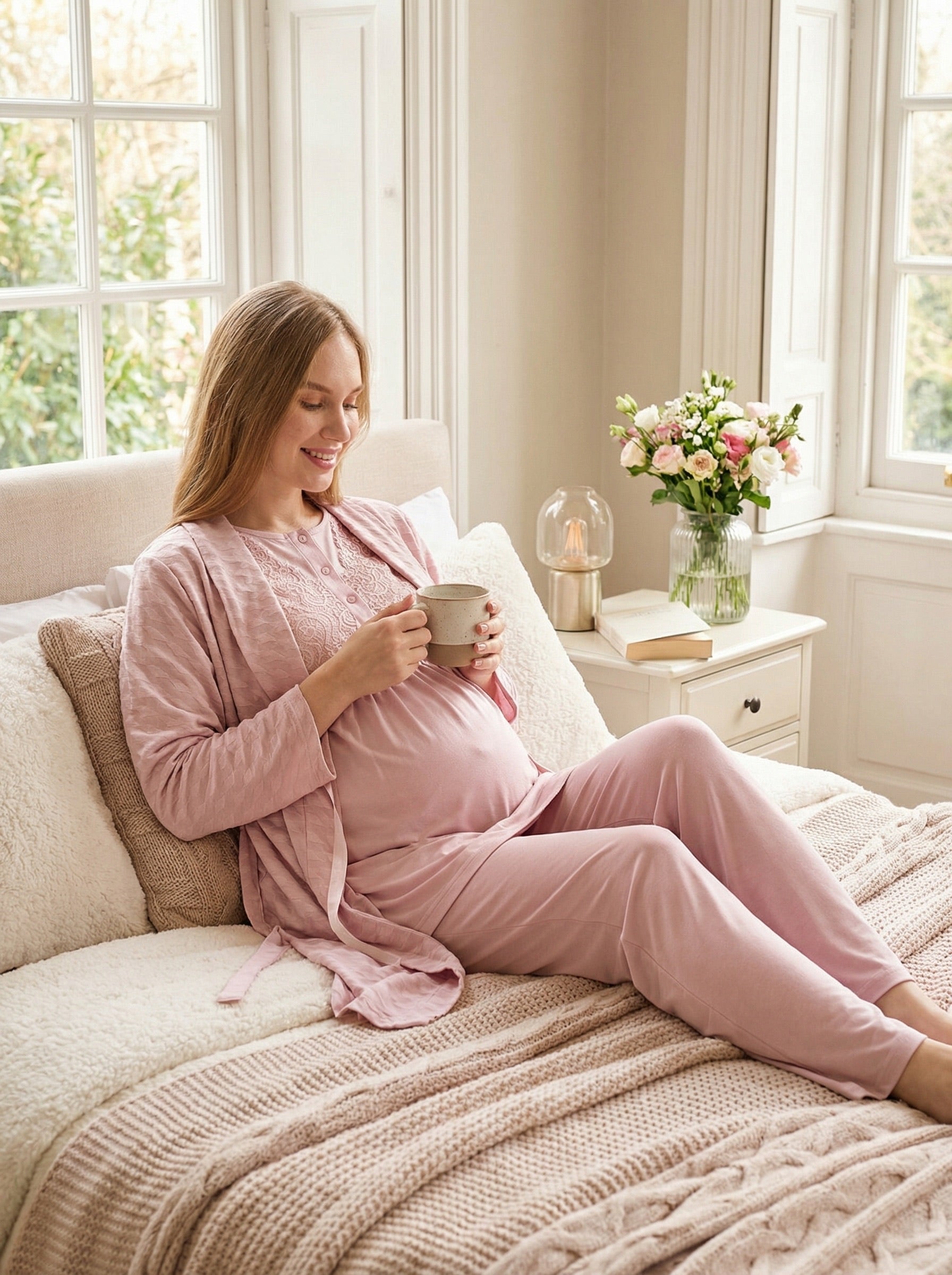 Yeni Sezon Pudra Yazlık Jakarlı Hamile Lohusa Sabahlıklı Pijama Takımı Seti - 3475