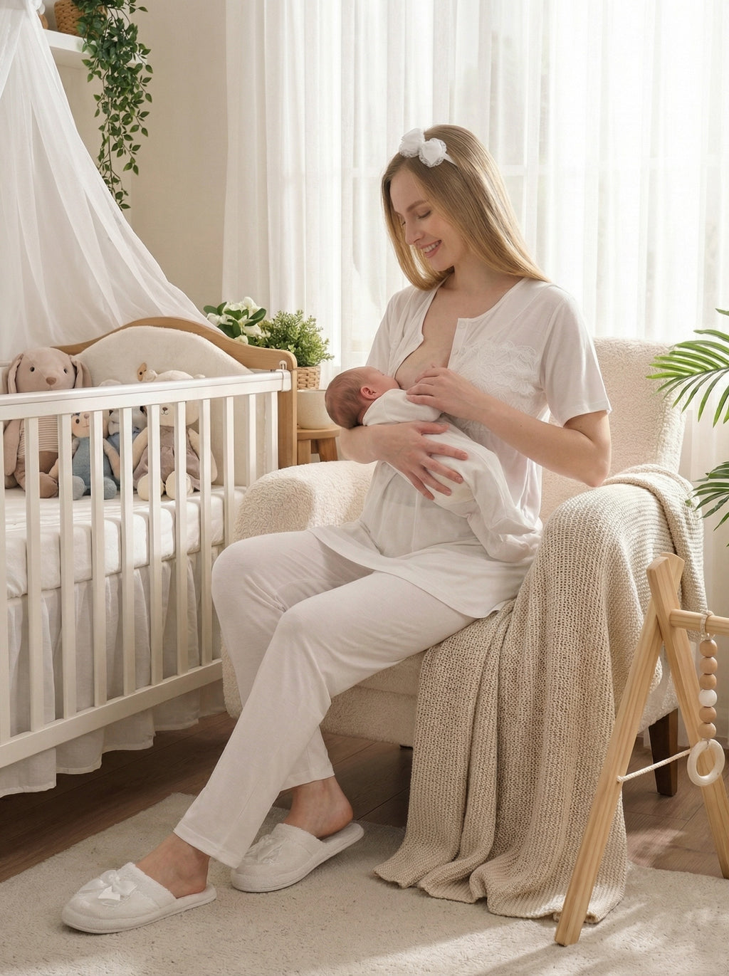 Yeni Sezon Ekru Yazlık Jakar Detaylı Hamile Lohusa Sabahlıklı Pijama Takımı Seti - 3476