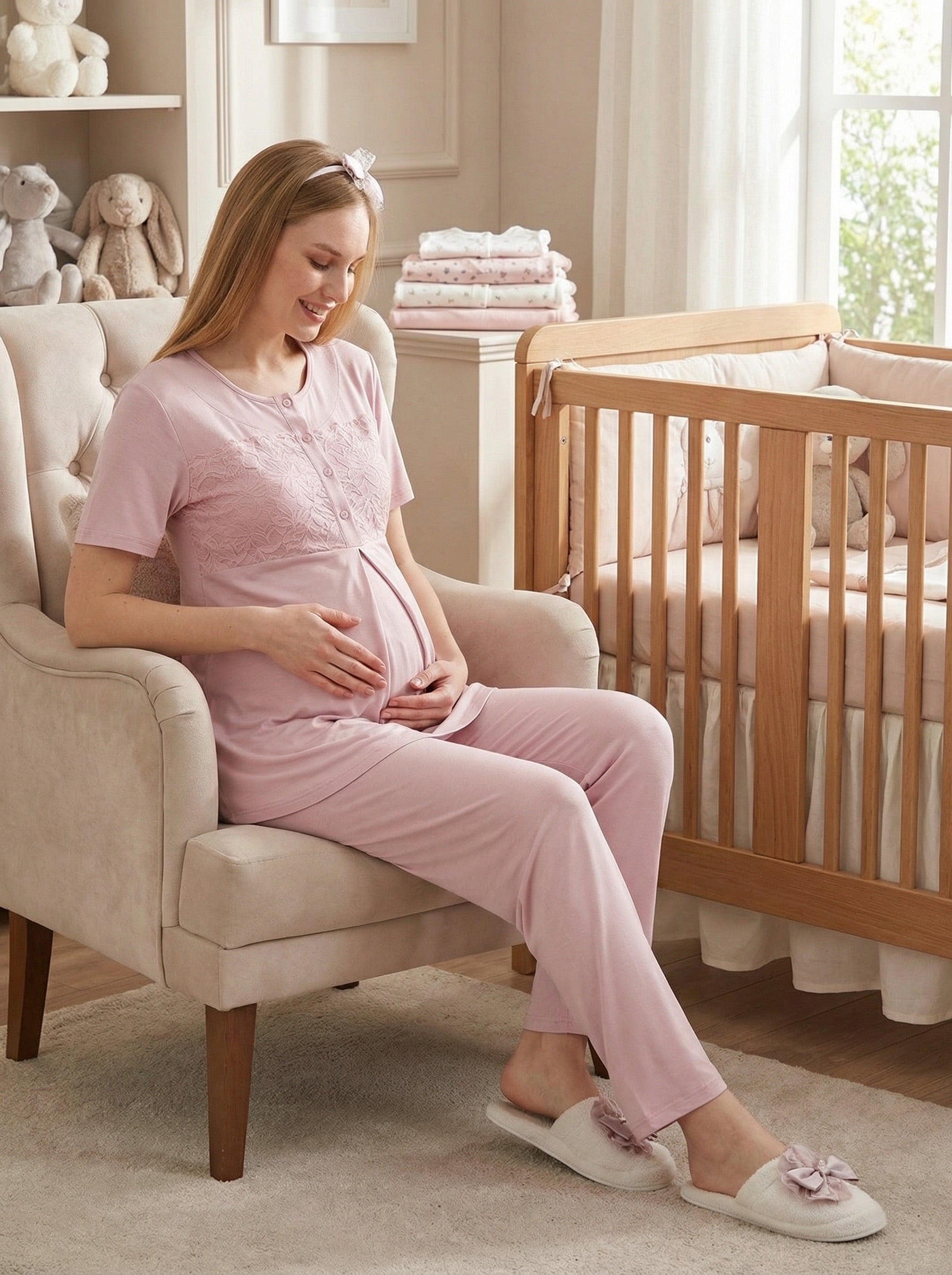 Yeni Sezon Pudra Yazlık Jakar Detaylı Hamile Lohusa Sabahlıklı Pijama Takımı Seti - 3476