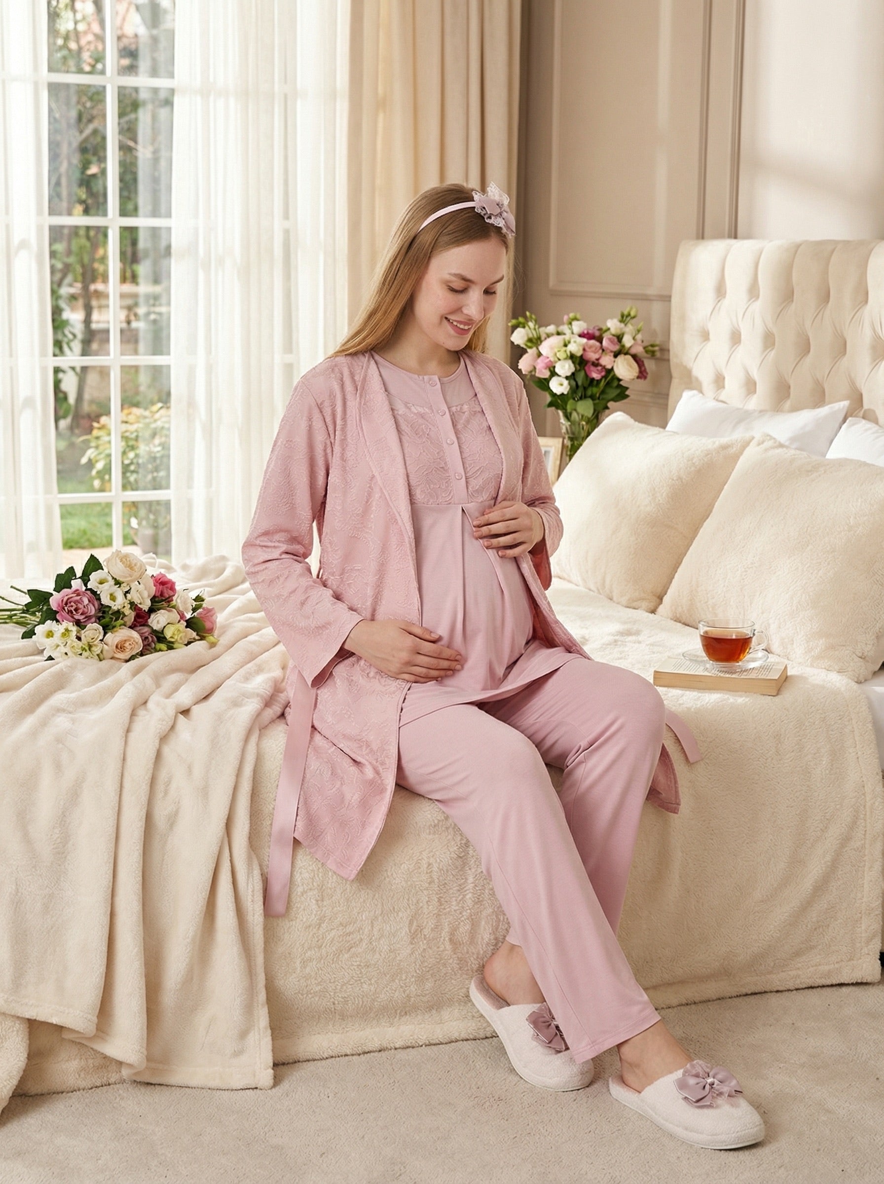 Yeni Sezon Pudra Yazlık Jakar Detaylı Hamile Lohusa Sabahlıklı Pijama Takımı Seti - 3476