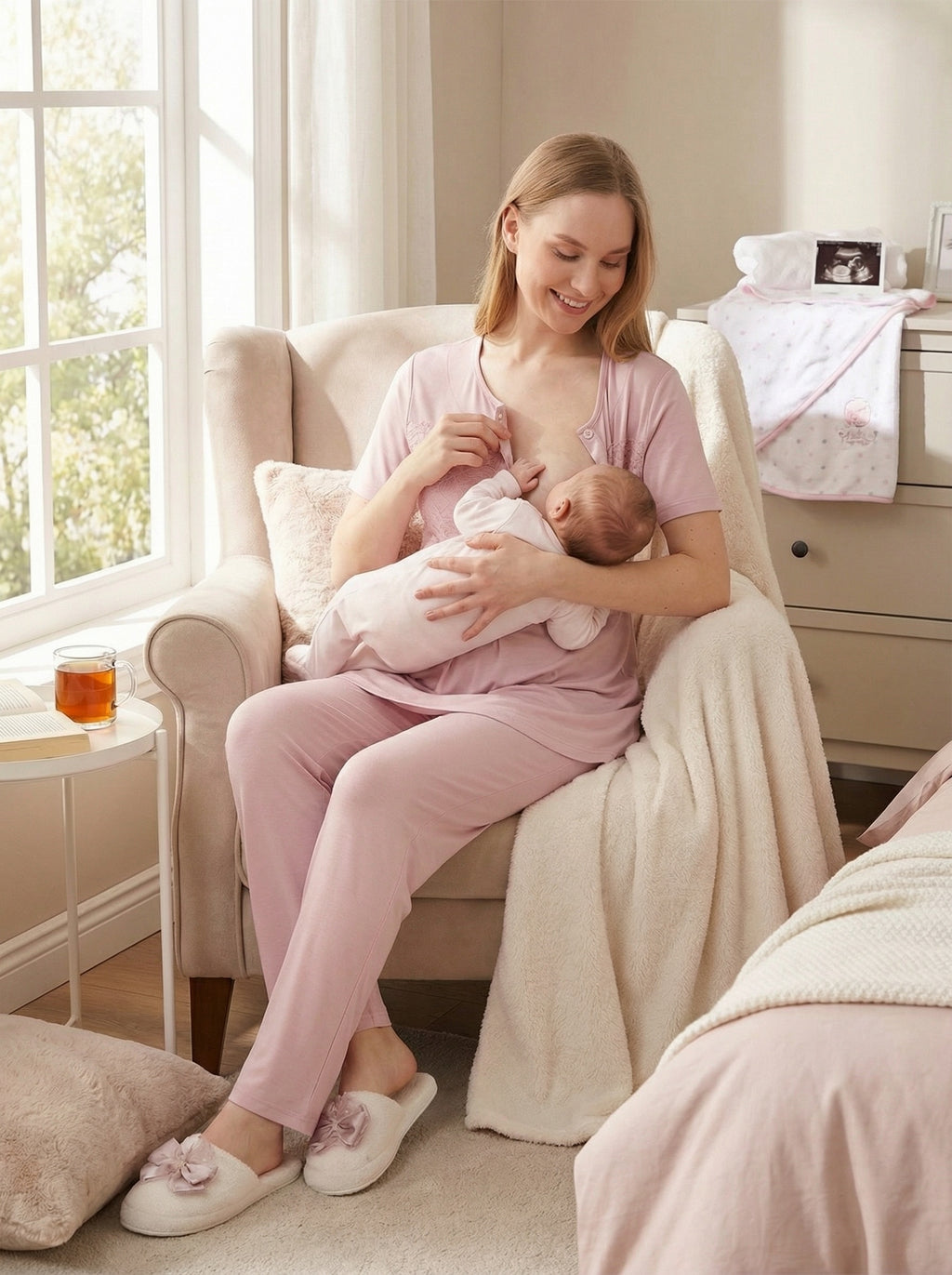 Yeni Sezon Pudra Yazlık Jakar Detaylı Hamile Lohusa Sabahlıklı Pijama Takımı Seti - 3476