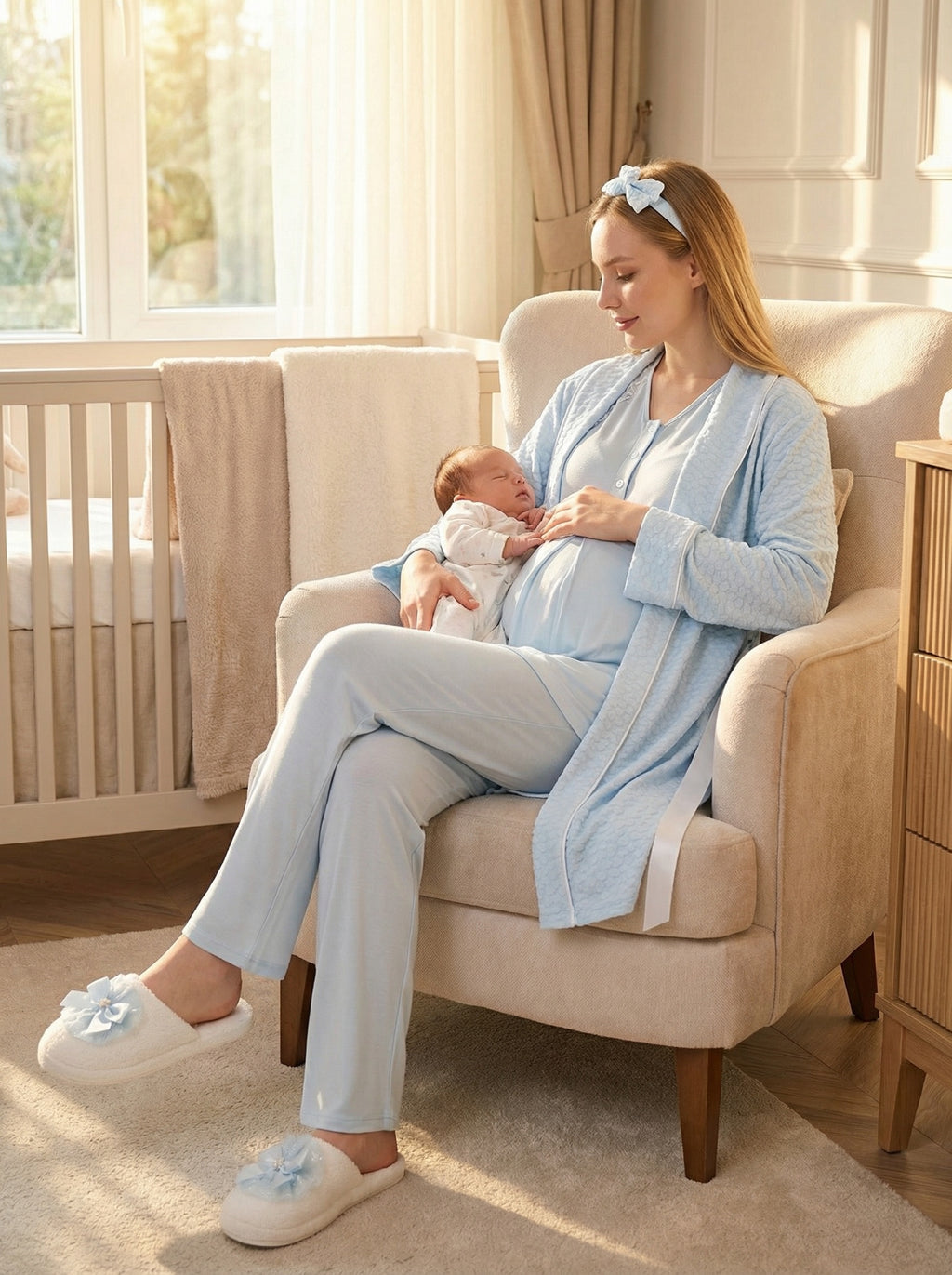 Yeni Sezon Mavi Yazlık Jakarlı Dantelli Hamile Lohusa Sabahlıklı Pijama Takımı Seti - 3477