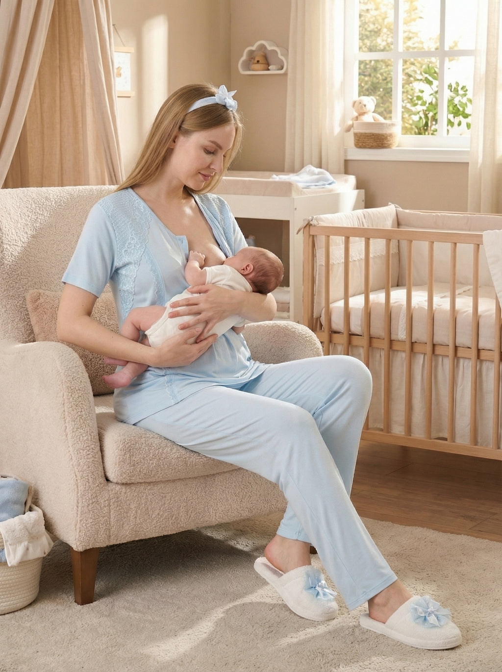 Yeni Sezon Mavi Yazlık Jakarlı Dantelli Hamile Lohusa Sabahlıklı Pijama Takımı Seti - 3477