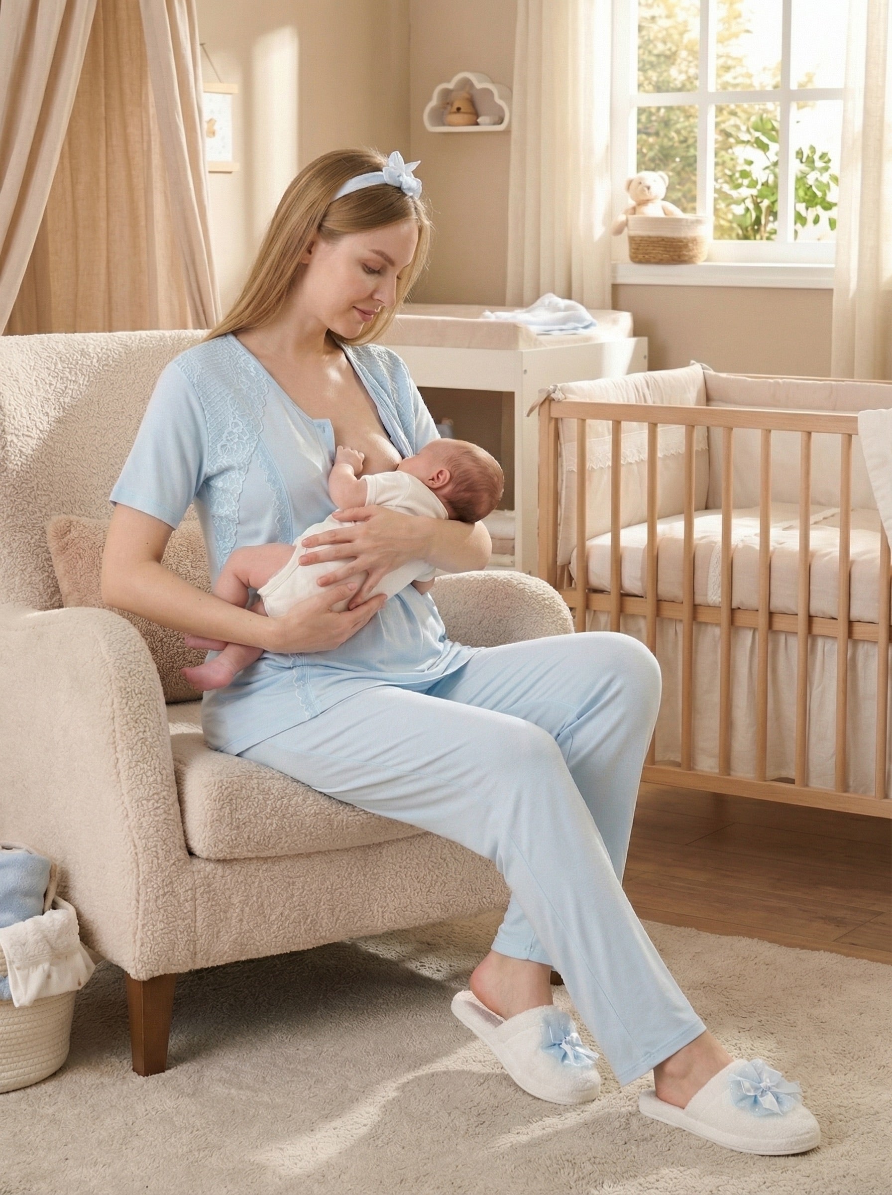 Yeni Sezon Mavi Yazlık Jakarlı Dantelli Hamile Lohusa Sabahlıklı Pijama Takımı Seti - 3477