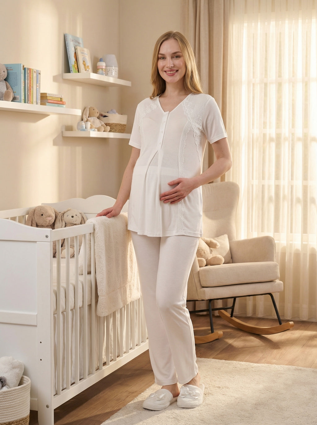 Yeni Sezon Ekru Yazlık Jakarlı Dantelli Hamile Lohusa Sabahlıklı Pijama Takımı Seti - 3477
