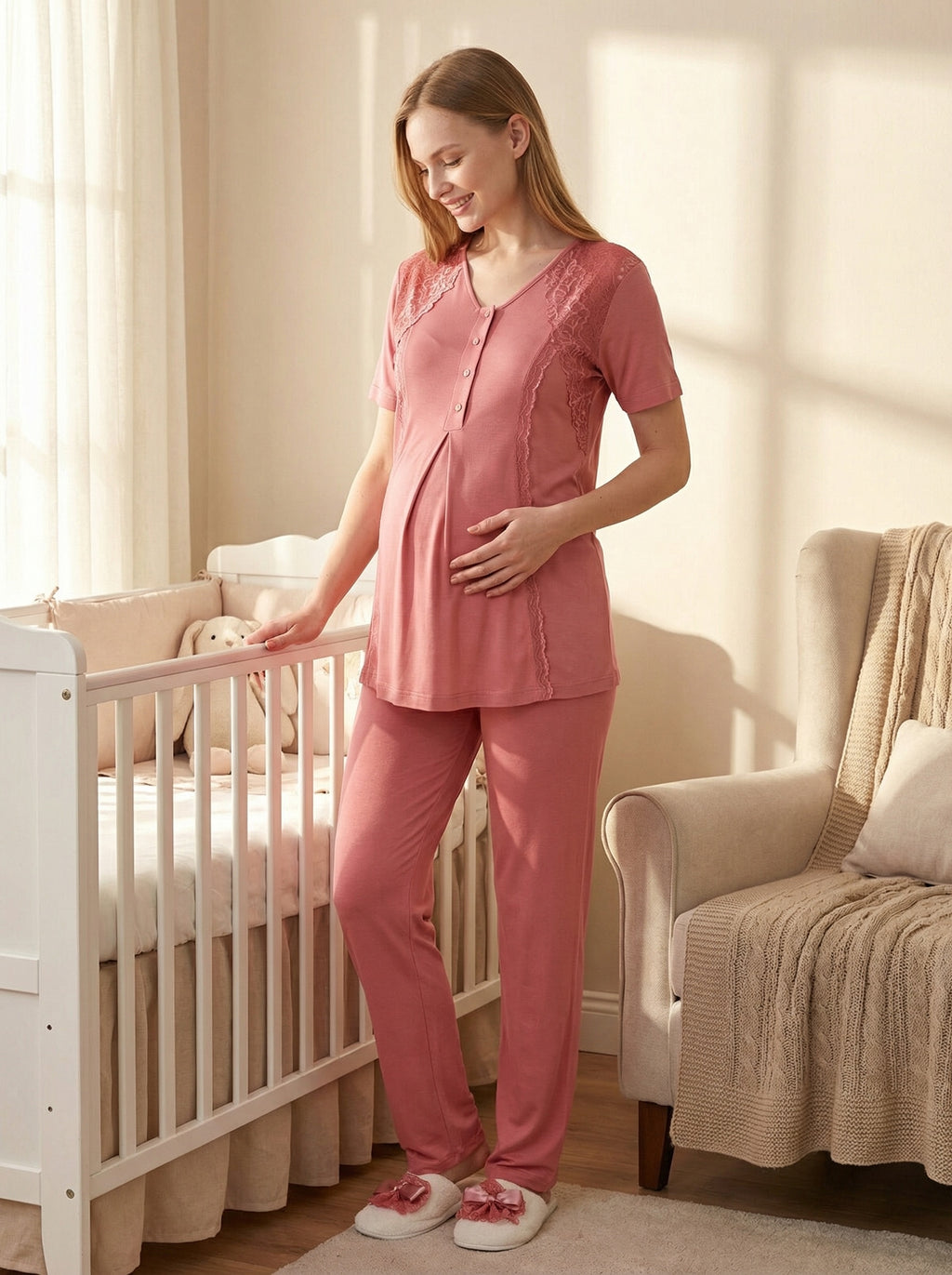 Yeni Sezon Narçiçeği Yazlık Jakarlı Dantelli Hamile Lohusa Sabahlıklı Pijama Takımı Seti - 3477