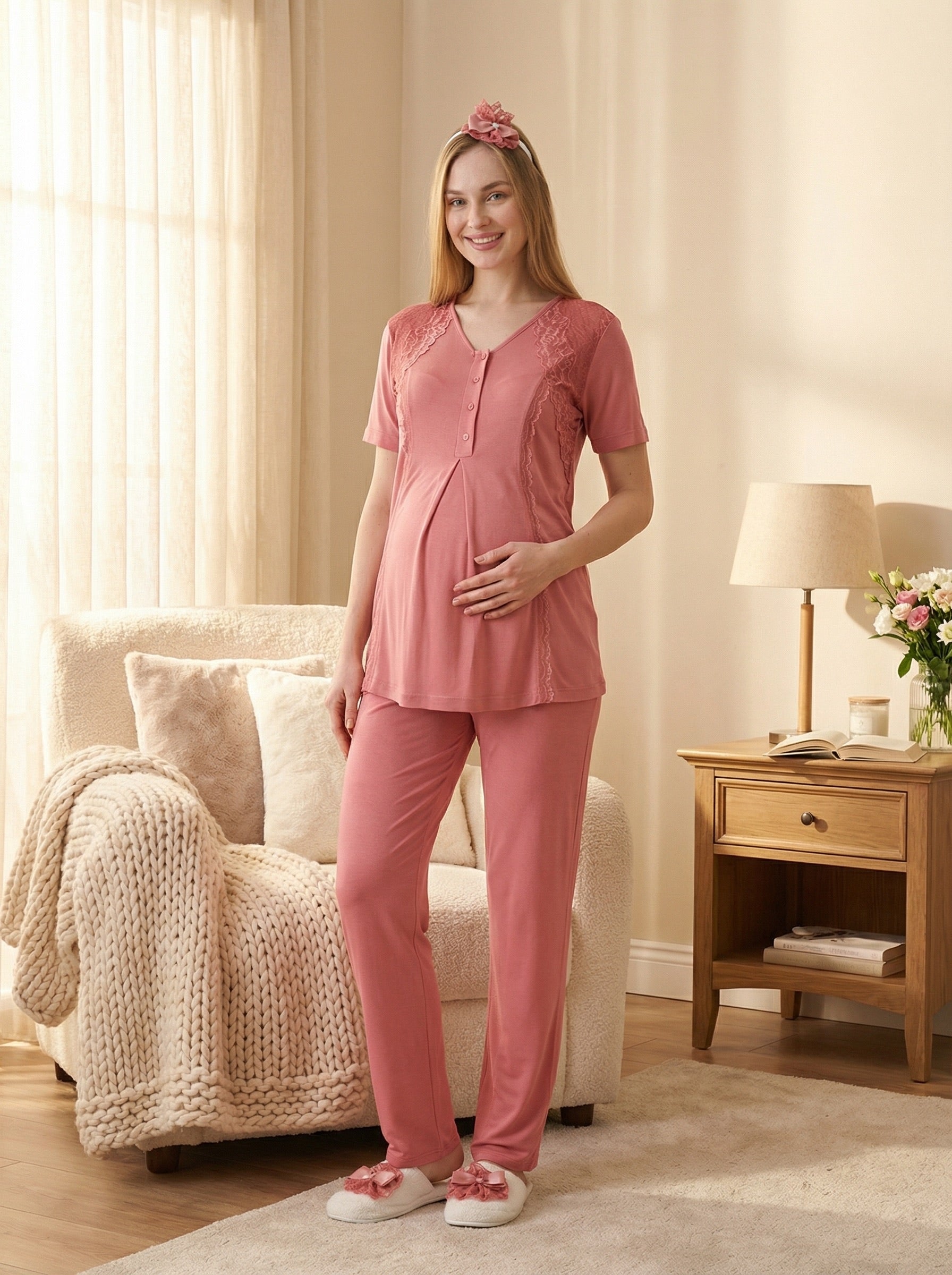 Yeni Sezon Narçiçeği Yazlık Jakarlı Dantelli Hamile Lohusa Sabahlıklı Pijama Takımı Seti - 3477