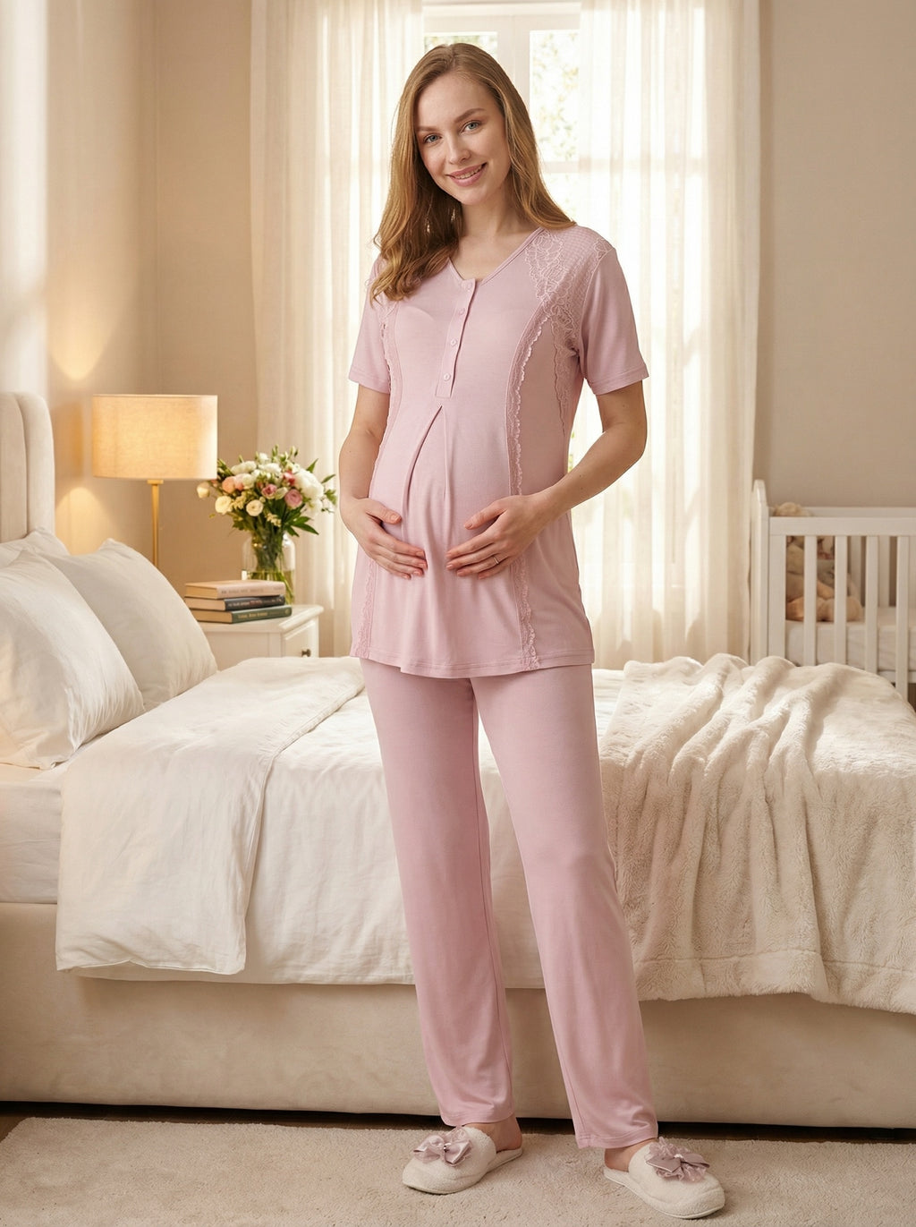 Yeni Sezon Pudra Yazlık Jakarlı Dantelli Hamile Lohusa Sabahlıklı Pijama Takımı Seti - 3477
