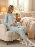 Yeni Sezon Mint Yazlık Dantelli Hamile Lohusa Sabahlıklı Pijama Takımı Seti - 3478