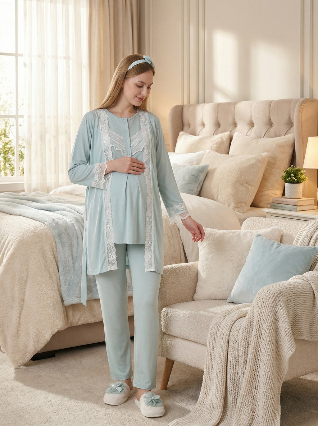 Yeni Sezon Mint Yazlık Dantelli Hamile Lohusa Sabahlıklı Pijama Takımı Seti - 3478