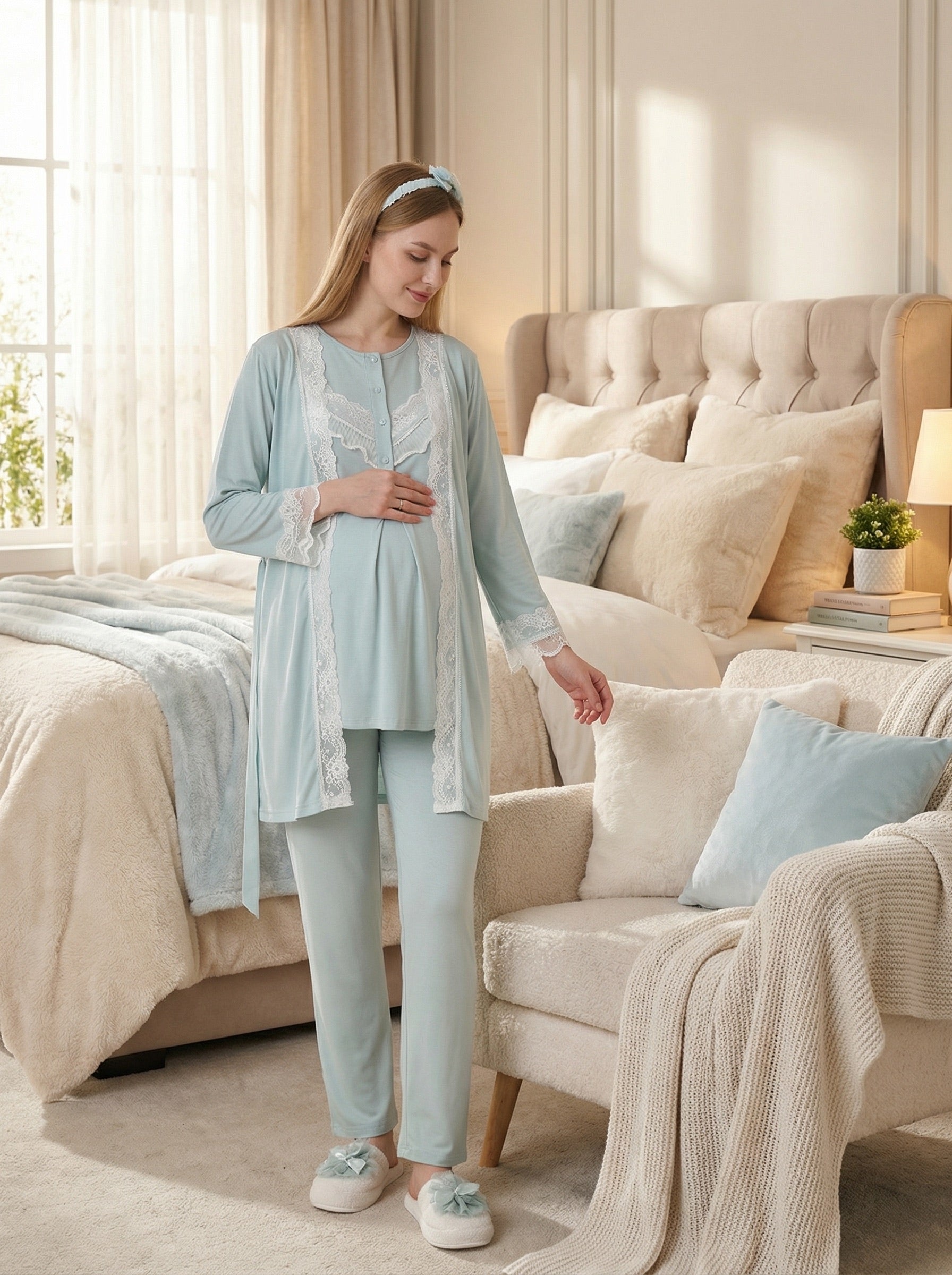 Yeni Sezon Mint Yazlık Dantelli Hamile Lohusa Sabahlıklı Pijama Takımı Seti - 3478