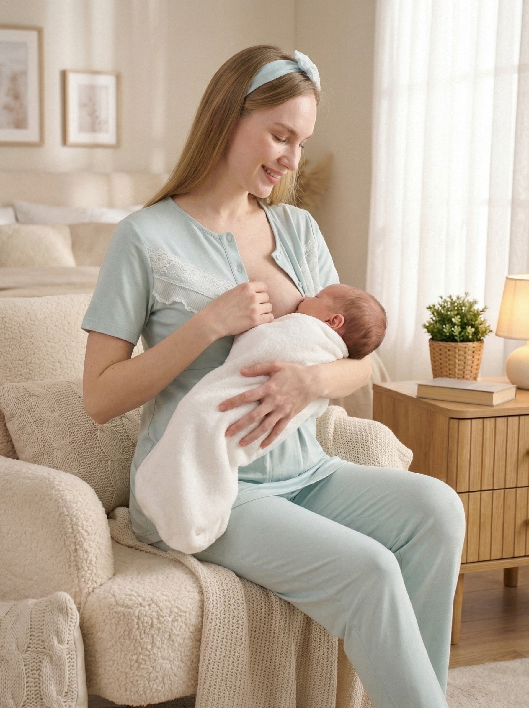 Yeni Sezon Mint Yazlık Dantelli Hamile Lohusa Sabahlıklı Pijama Takımı Seti - 3478