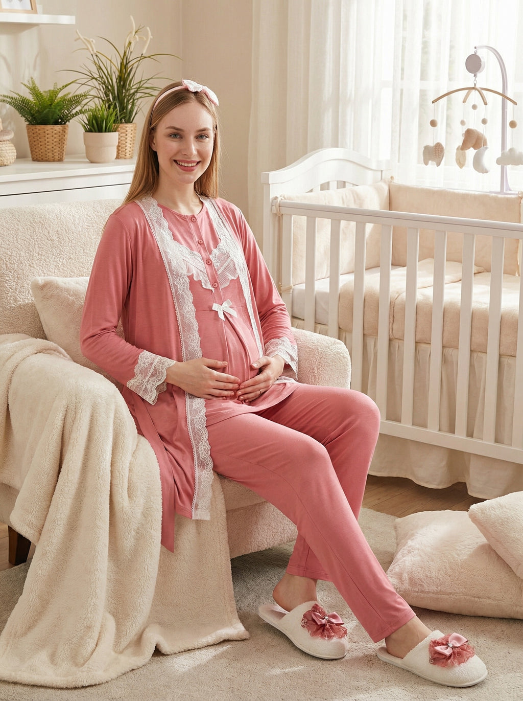 Yeni Sezon Narçiçeği Yazlık Dantelli Hamile Lohusa Sabahlıklı Pijama Takımı Seti - 3478