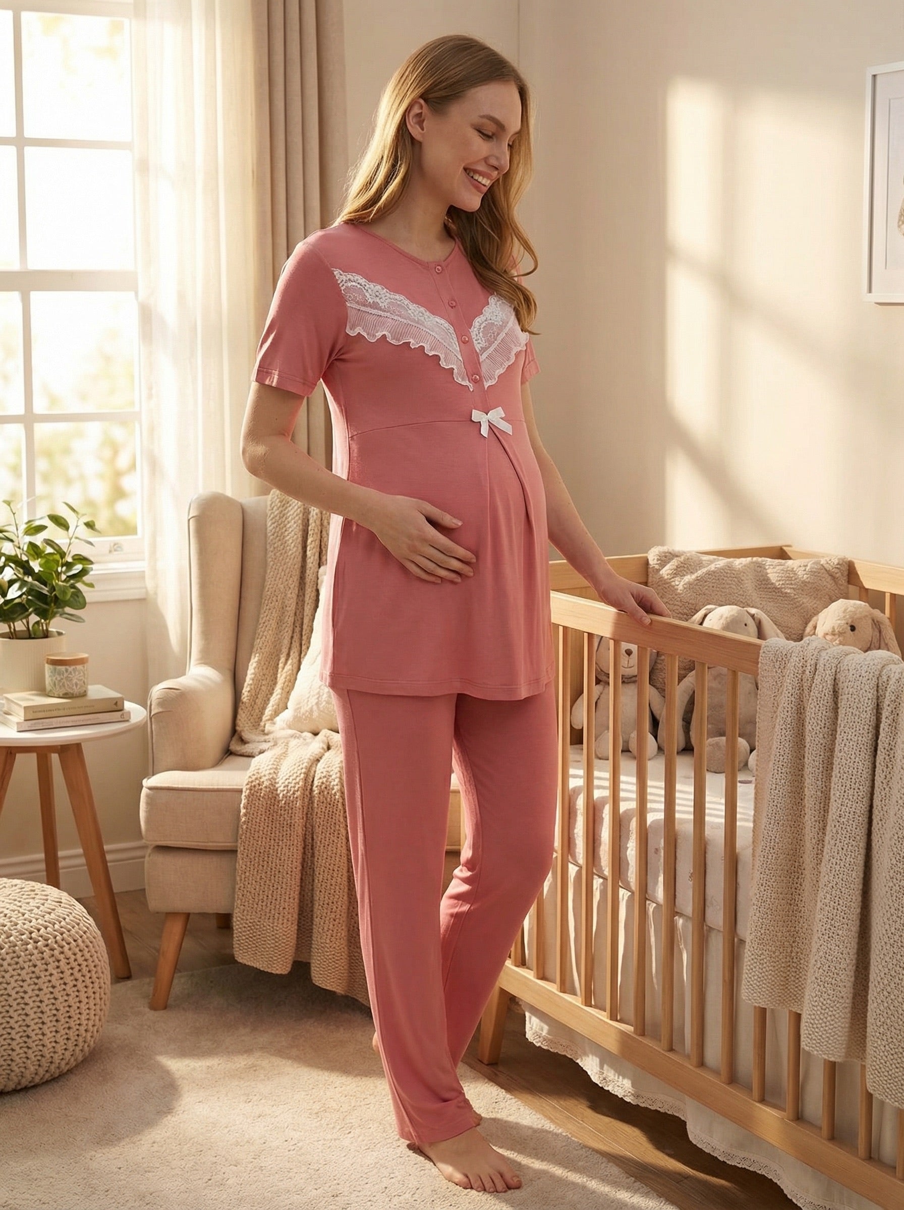 Yeni Sezon Narçiçeği Yazlık Dantelli Hamile Lohusa Sabahlıklı Pijama Takımı Seti - 3478