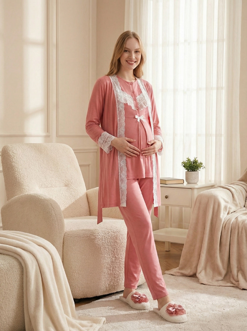 Yeni Sezon Narçiçeği Yazlık Dantelli Hamile Lohusa Sabahlıklı Pijama Takımı Seti - 3478