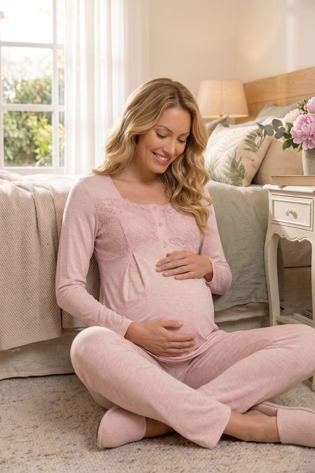 Yeni Sezon Pudra Panço Dantel Sabahlıklı Yazlık Özel Tasarım Lohusa Hamile Sabahlıklı Pijama Takımı Seti 6402
