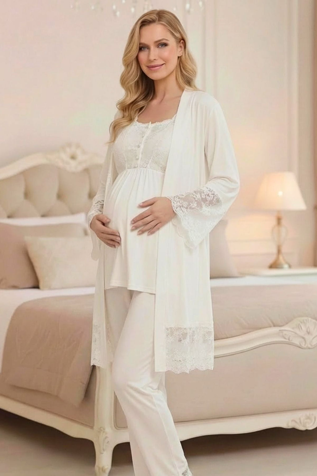 Güpürlü Tasarım Sabahlıklı Lohusa Pijama Takımı-2043