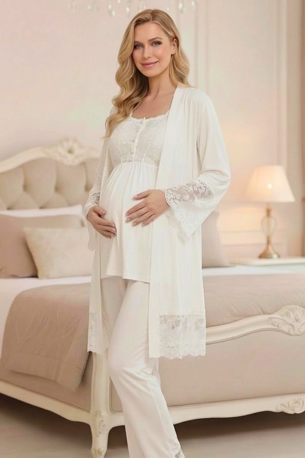 Güpürlü Tasarım Sabahlıklı Lohusa Pijama Takımı-2043