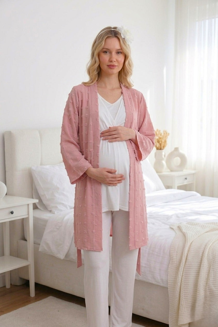 Yeni Sezon Pudra Jakarlı Özel Tasarım Yazlık %100 Pamuk Hamile Lohusa Sabahlıklı Pijama Takımı Seti 123
