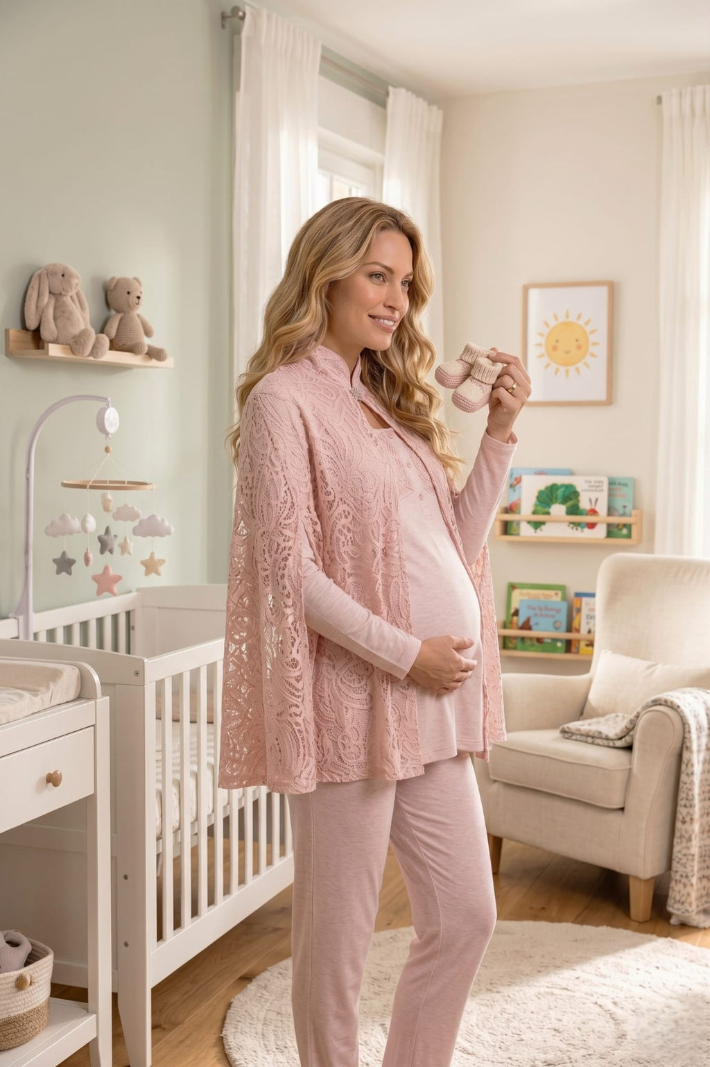 Yeni Sezon Pudra Panço Dantel Sabahlıklı Yazlık Özel Tasarım Lohusa Hamile Sabahlıklı Pijama Takımı Seti 6402