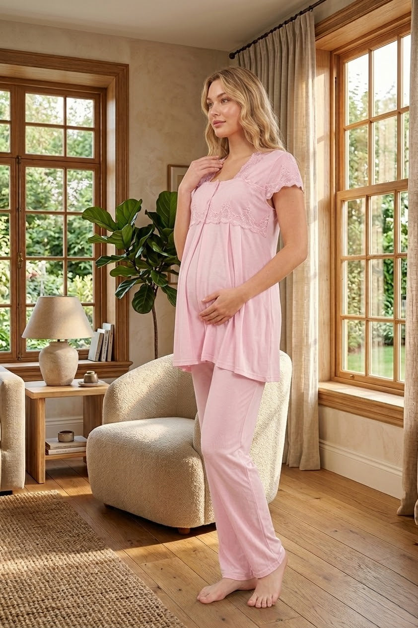 Yeni Sezon Pudra Dantel Detaylı Özel Tasarım Yazlık %100 Pamuk Hamile Lohusa Pijama Takımı 5012