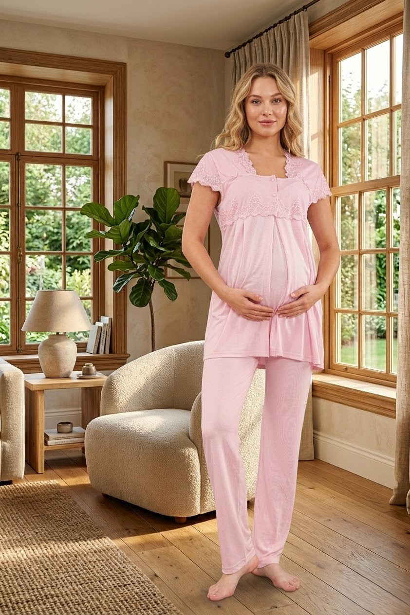 Yeni Sezon Pudra Dantel Detaylı Özel Tasarım Yazlık %100 Pamuk Hamile Lohusa Pijama Takımı 5012