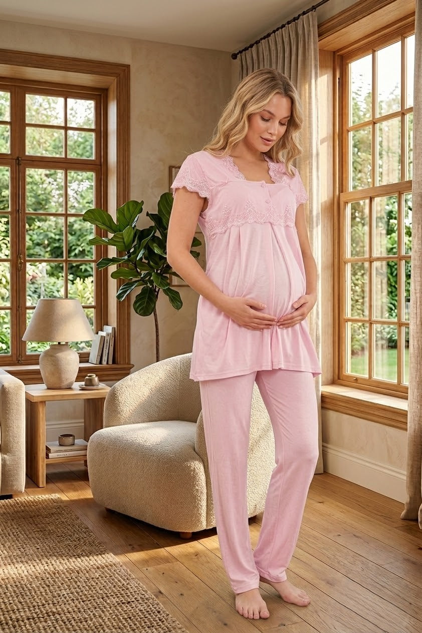 Yeni Sezon Pudra Dantel Detaylı Özel Tasarım Yazlık %100 Pamuk Hamile Lohusa Pijama Takımı 5012