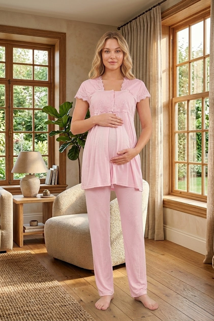 Yeni Sezon Pudra Dantel Detaylı Özel Tasarım Yazlık %100 Pamuk Hamile Lohusa Pijama Takımı 5012