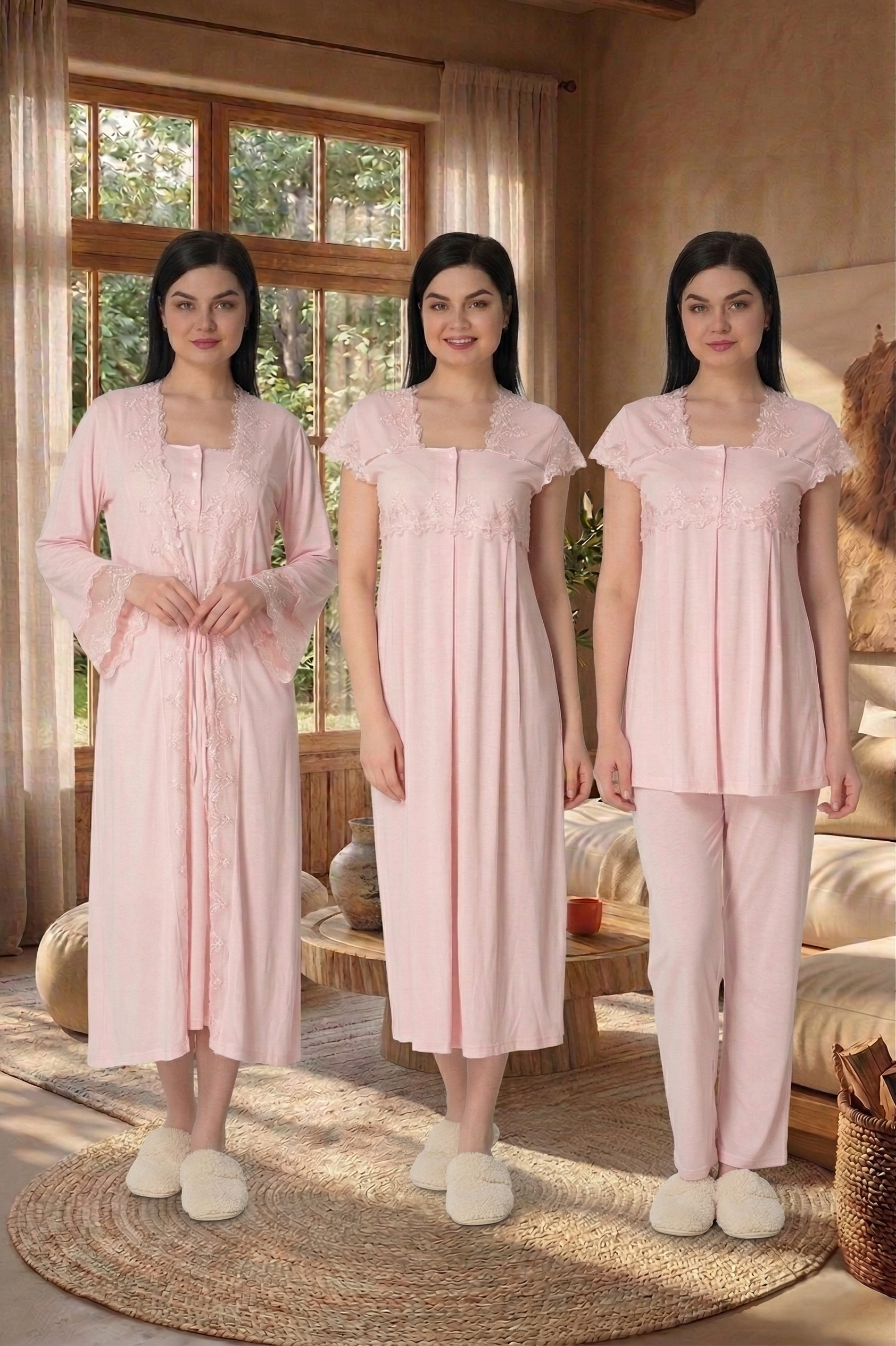 Yeni Sezon Pembe Zarif Dantel Detaylı Yazlık Düğmeli Kısa Kol Şık Hamile Lohusa Sabahlık Gecelik Pijama Takımı 4'Lü Lohusa Seti 5015