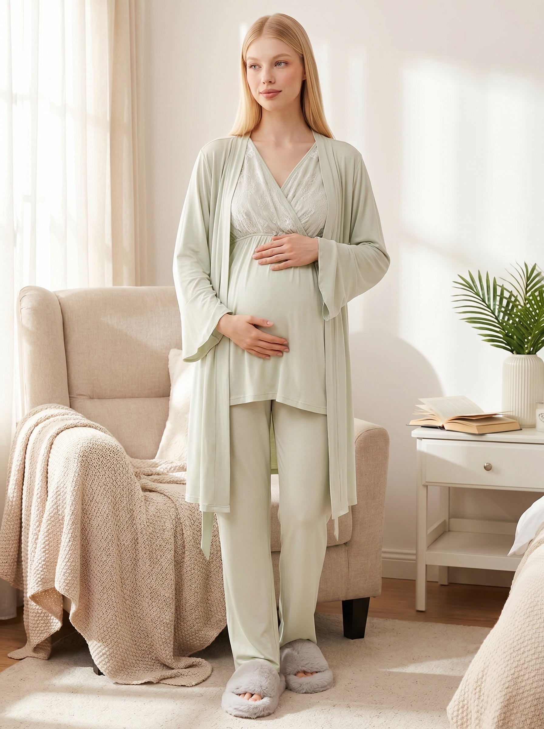 Yeni Sezon Mint Yazlık Kruvaze Dantel Detaylı Volan Kollu Lohusa Sabahlıklı Pijama Takımı Seti - 502