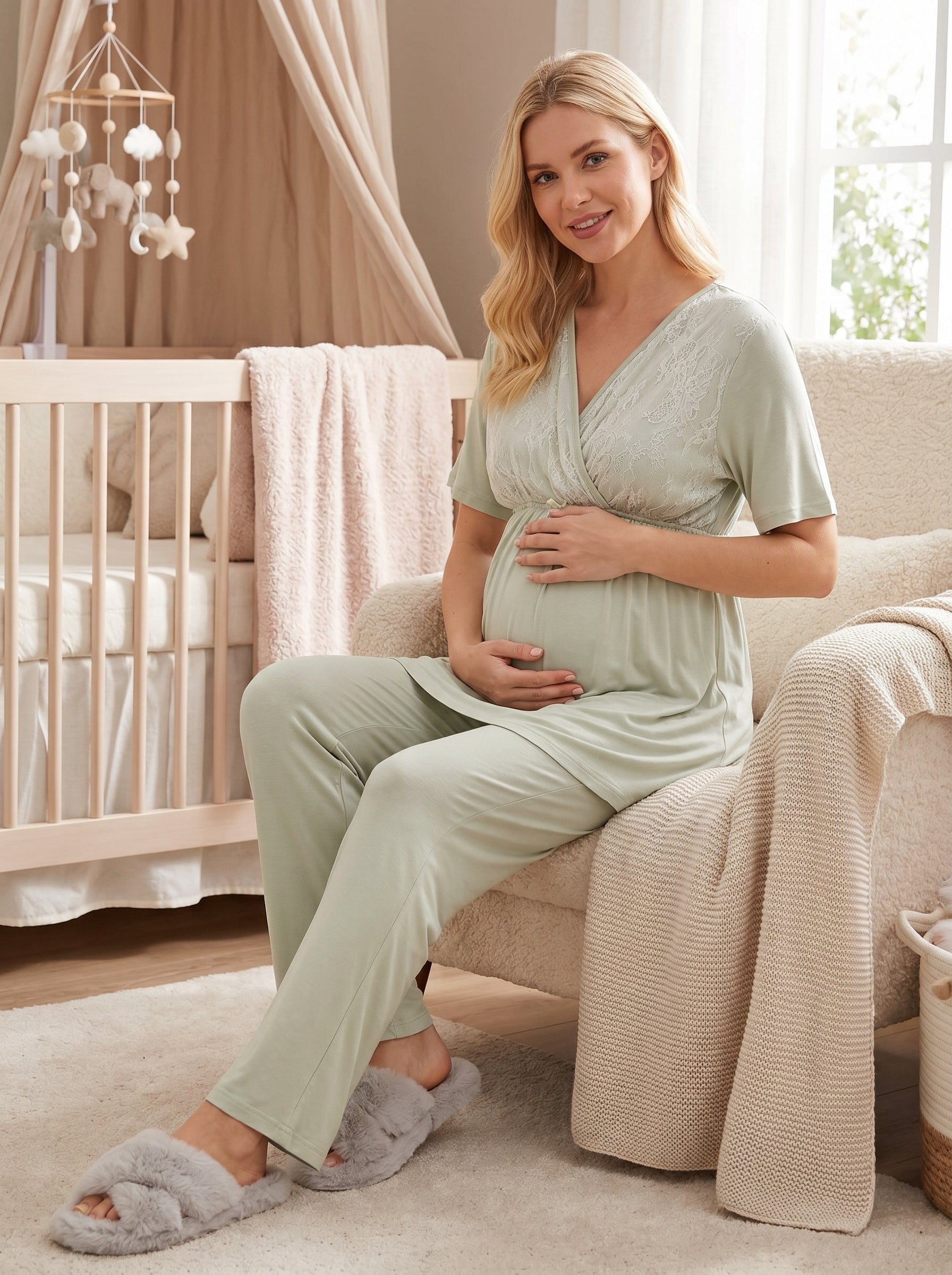 Yeni Sezon Mint Yazlık Kruvaze Dantel Detaylı Volan Kollu Lohusa Sabahlıklı Pijama Takımı Seti - 502