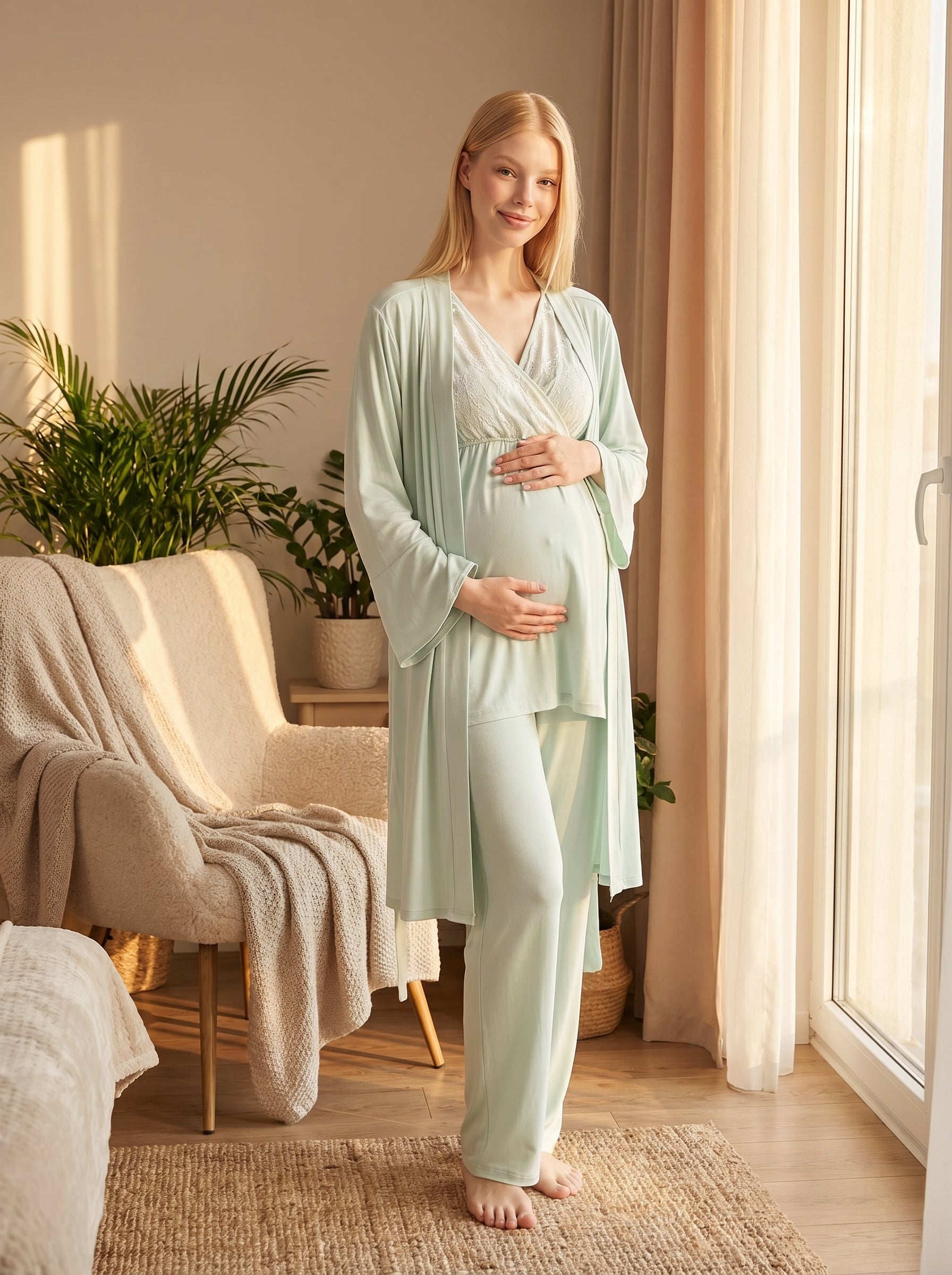 Yeni Sezon Mint Yazlık Kruvaze Dantel Detaylı Volan Kollu Lohusa Sabahlıklı Pijama Takımı Seti - 502