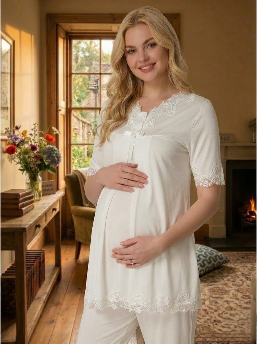 Yeni Sezon Ekru Dantel Detaylı Özel Tasarım Yazlık %100 Pamuk Hamile Lohusa Pijama Takımı 5032